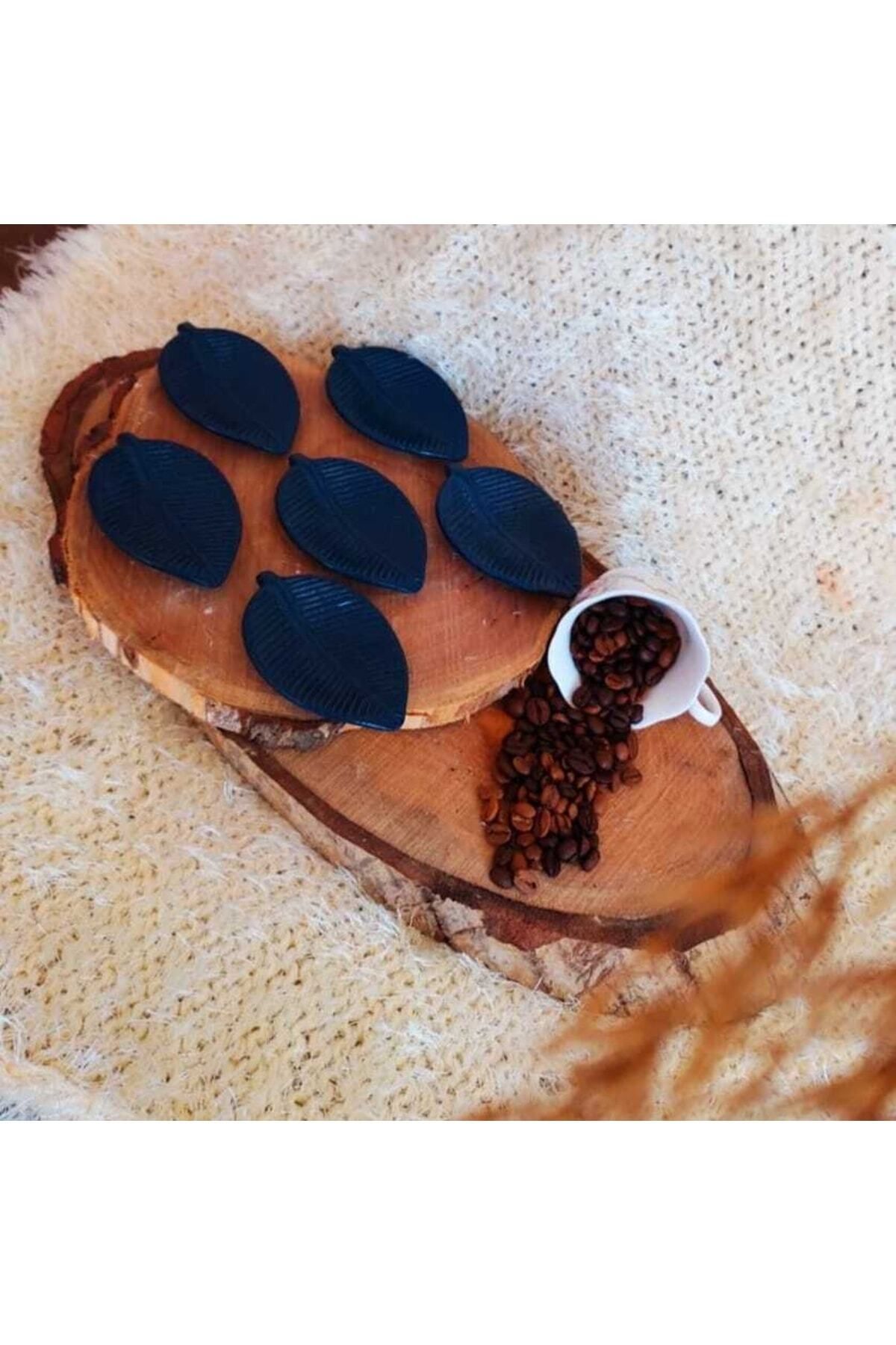 PULCA SHOP 6 Adet Lacivert Renk Yaprak Desen Kahve Yanı Sunumluk Lokumluk Ikramlık