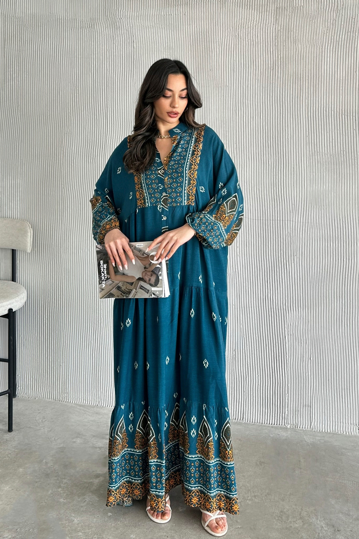 ASEDE-100% Viscose Bohemian Alaçatı Dress Buttoned Patterned Viscose Dress Suitable for Hijab Dress 6