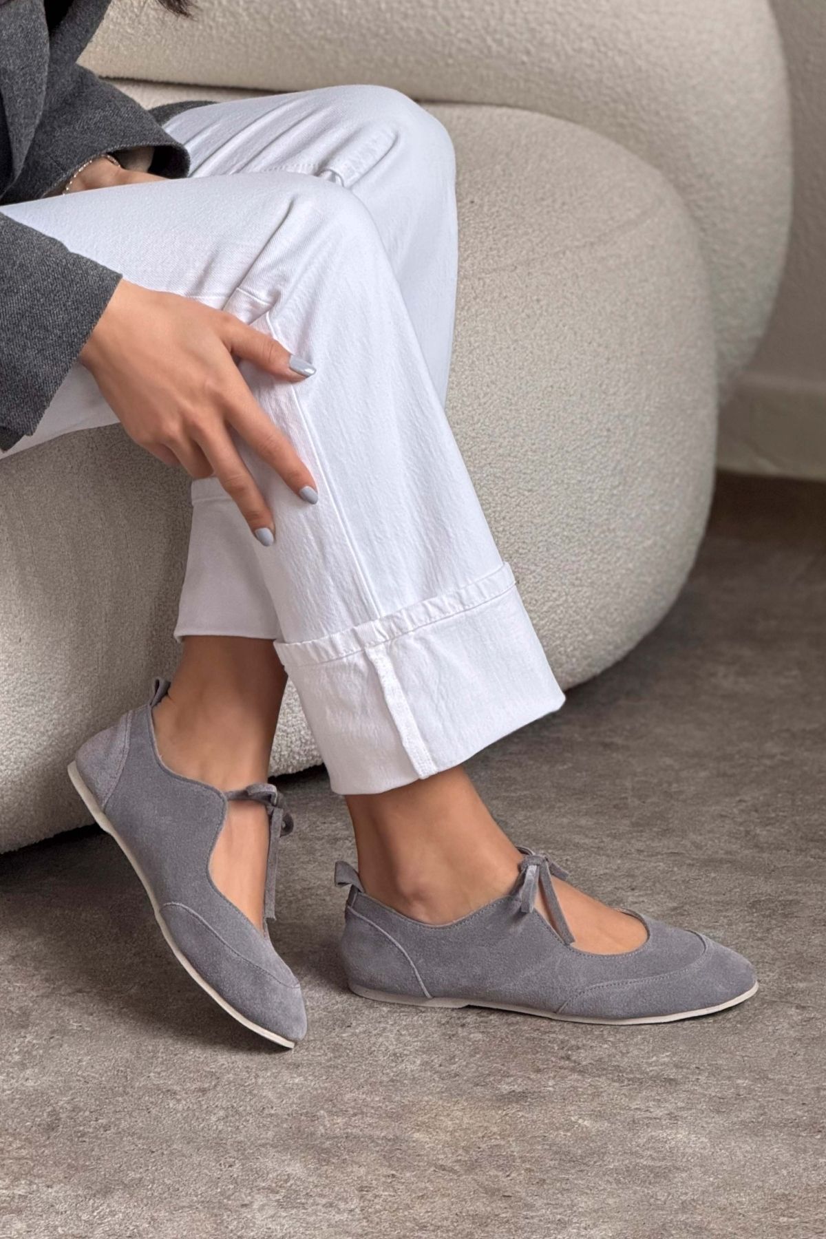 NİŞANTAŞI SHOES-Γυναικείες μπαλαρίνες Tokyo Stone Grey Γνήσιο Suede Μονό Band Flat Sole Γυναικείες μπαλαρίνες 6