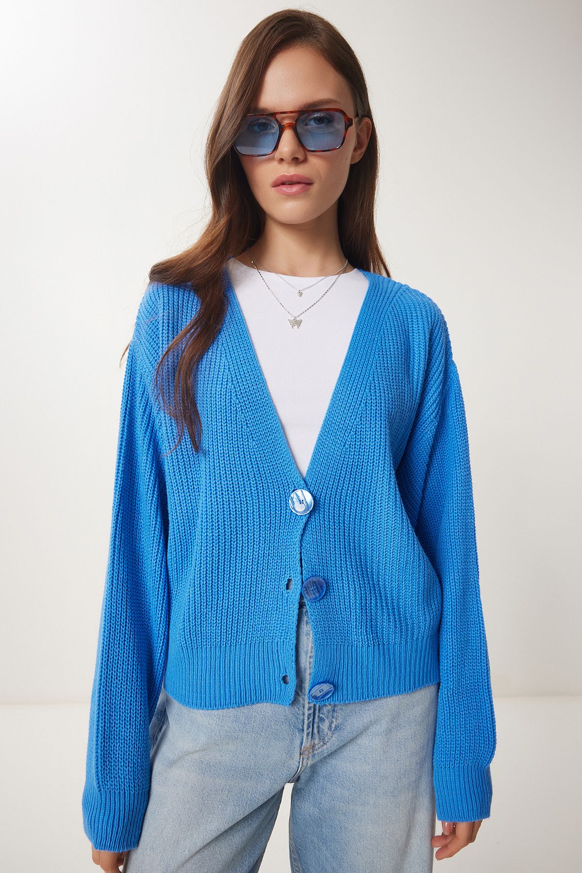 Lovelyİstanbul-Blue V-Neck Knitwear Cardigan - Button, Lmx0066 1