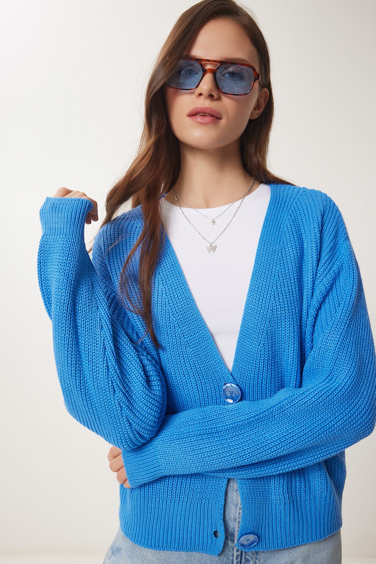 Lovelyİstanbul-Blue V-Neck Knitwear Cardigan - Button, Lmx0066 4