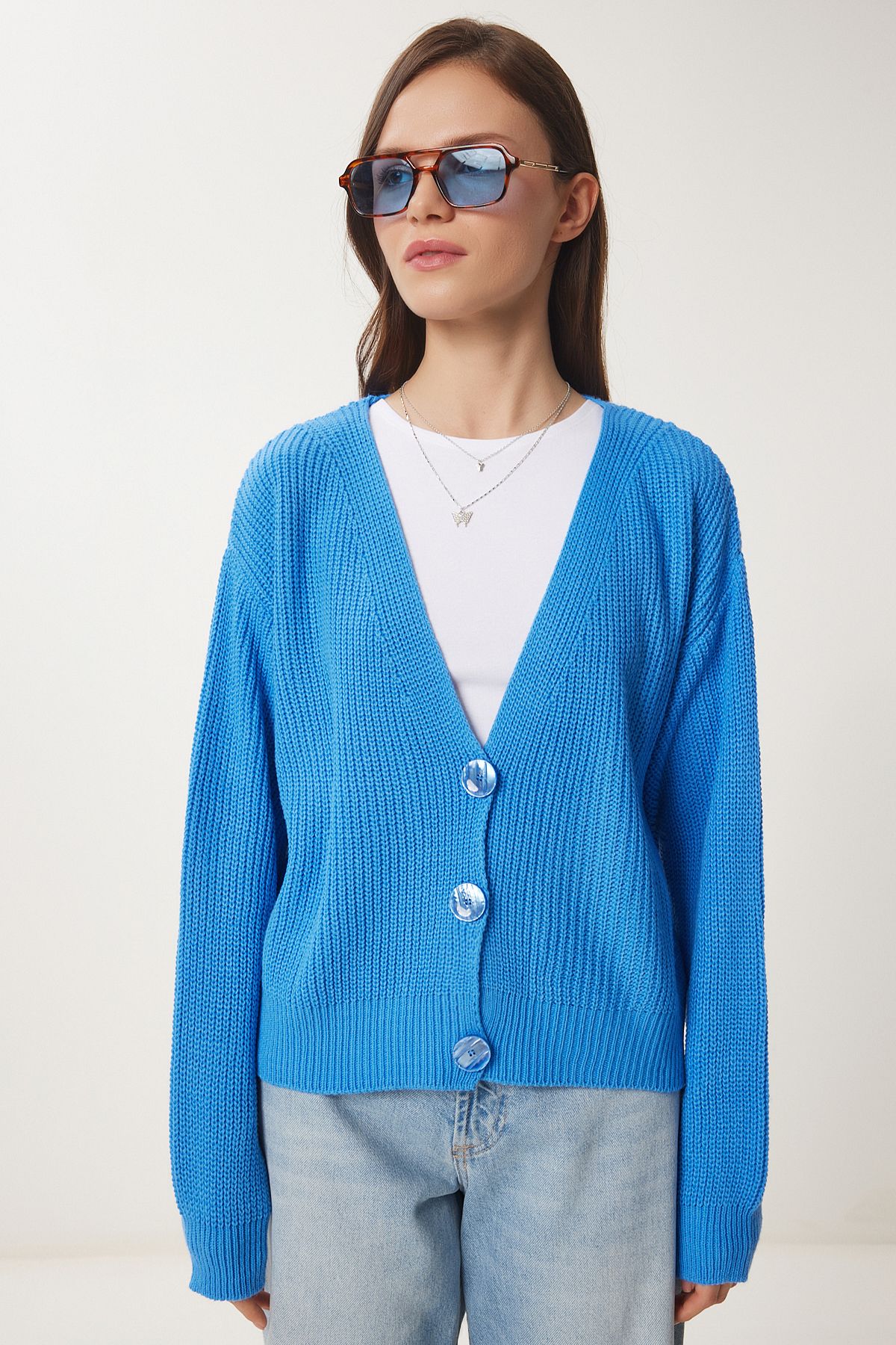 Lovelyİstanbul-Blue V-Neck Knitwear Cardigan - Button, Lmx0066 2