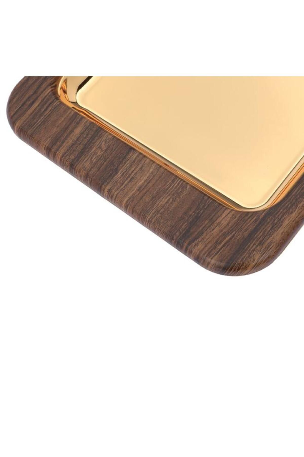 ALSAIF-Steel Tray With Wood Edge 40 X 26 X 3 Cm Small Rectangle Gold 3