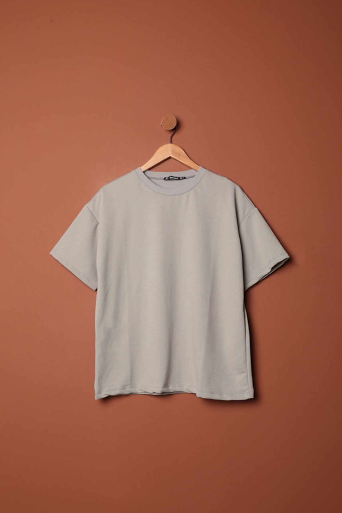 PİNK STAR Sıfır Yaka Oversize İki İplik Tişört-Gri