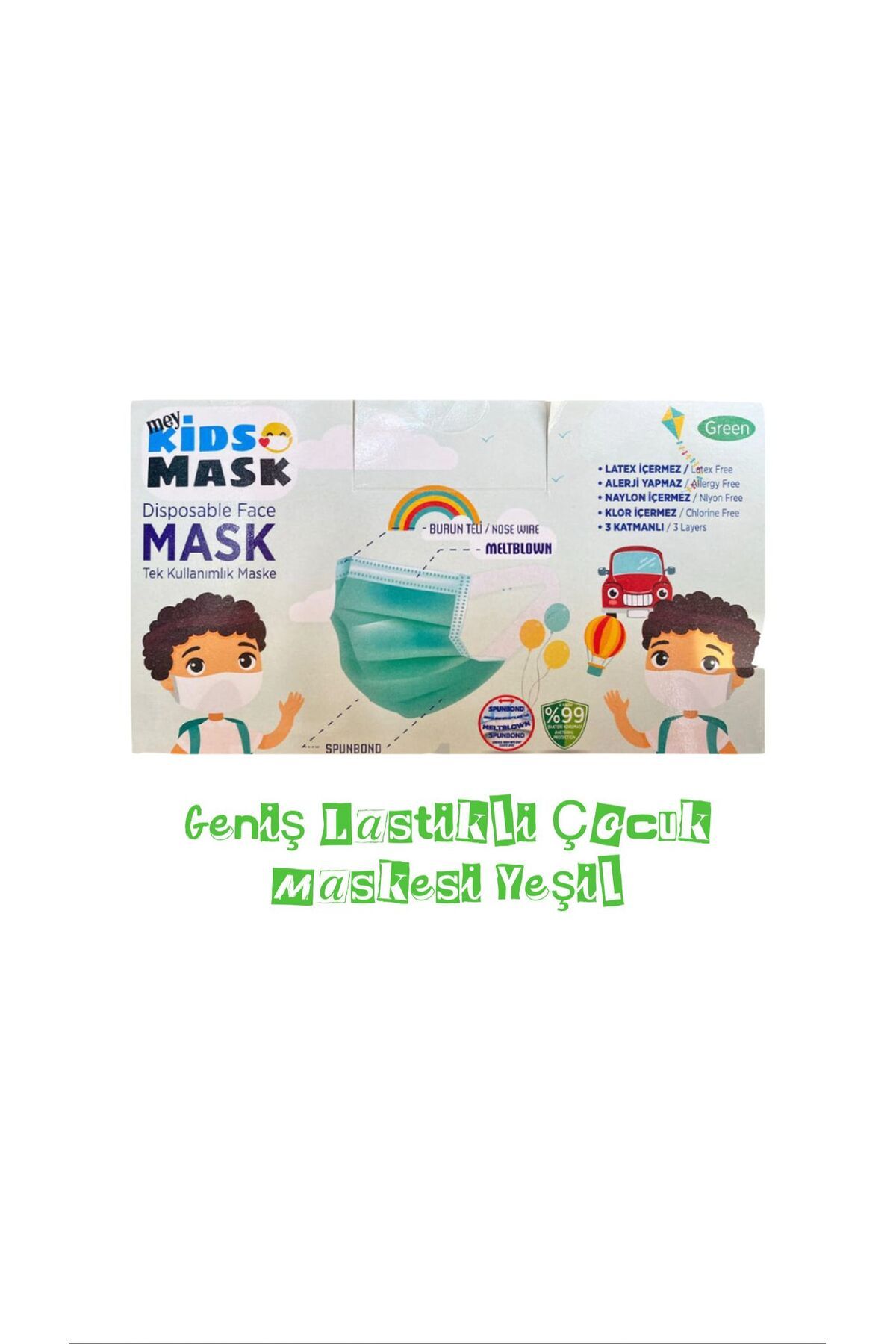 Meymed 200 Adet Maske Çocuk Geniş Lastik 3 Katlı Telli Meltblownlu Yeşil 50'li 4 Kutu