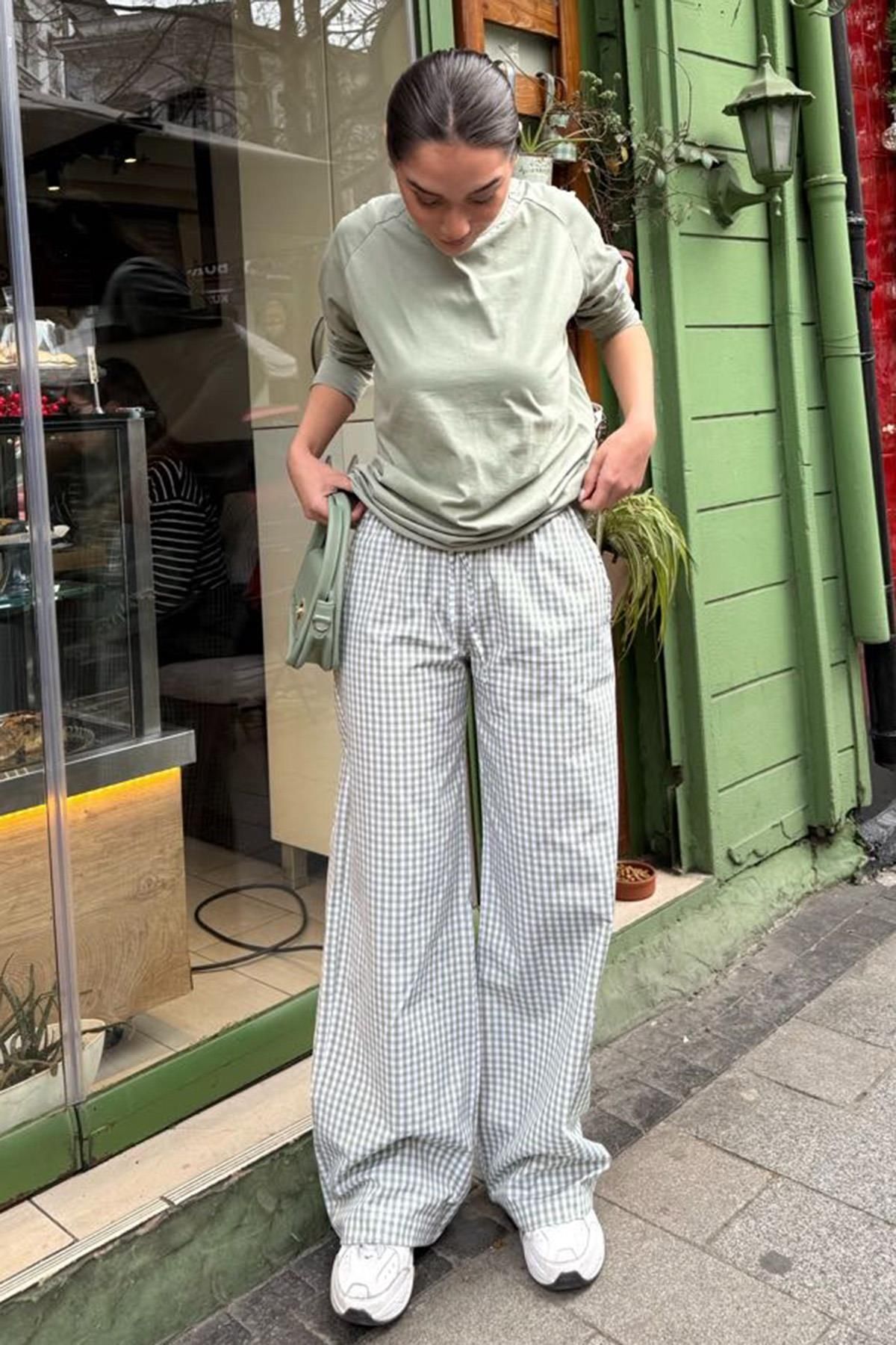 Madmext-Hellgrüne Gingham-Damenhose mit weitem Bein Mg2335 6