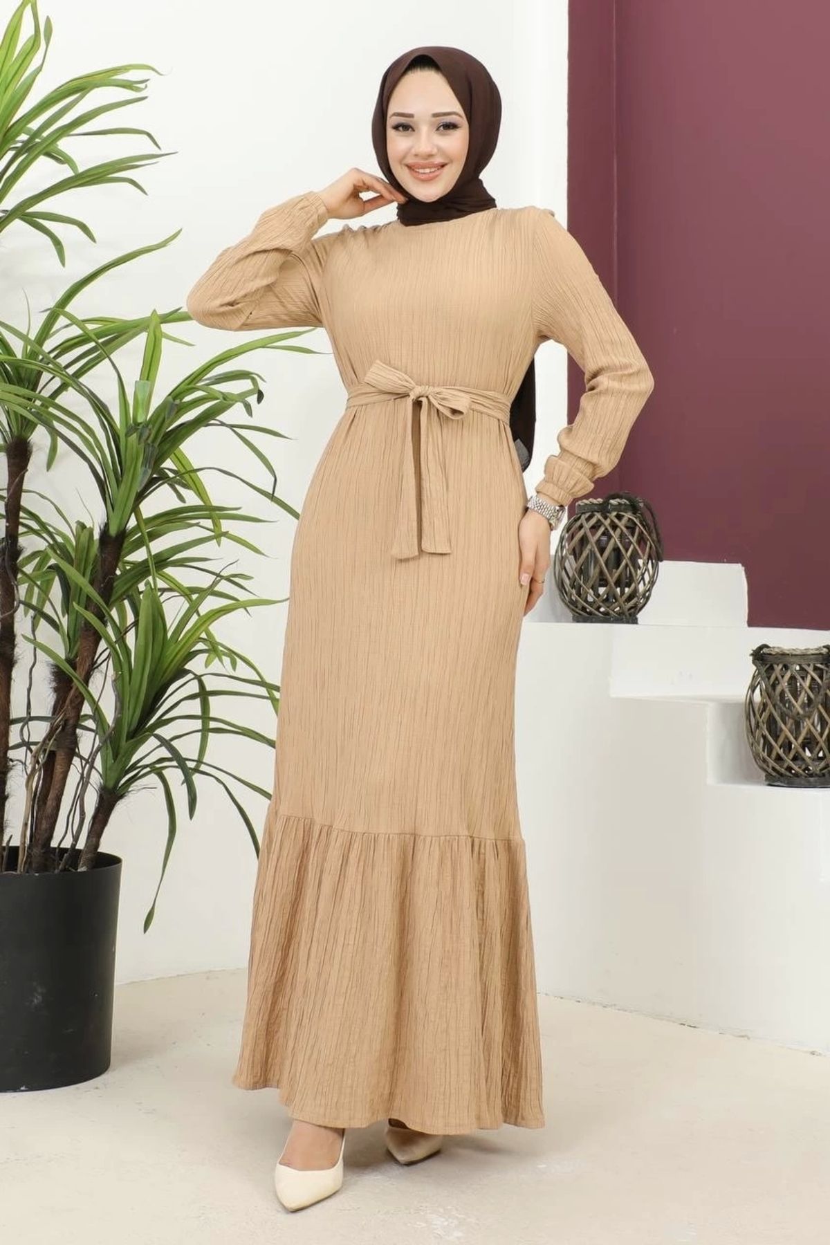 Nevayla Moda Lara Kumaş Bağlamalı Elbise - Vizon / E0124