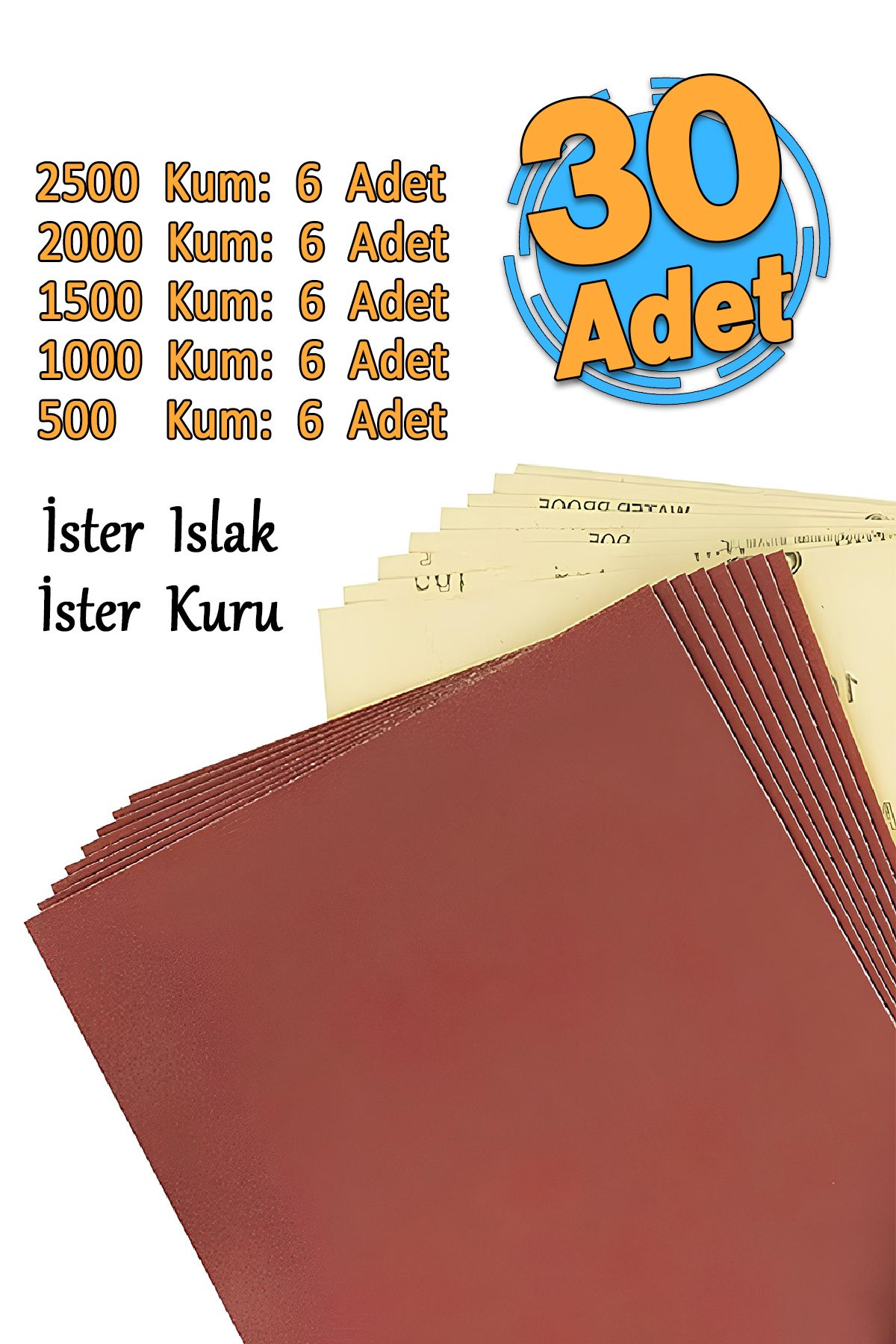 El Su Zımparası 30 Adet Kağıdı Far TemParlatma izleme Seti 2500-2000-1500-1000-500 Kum