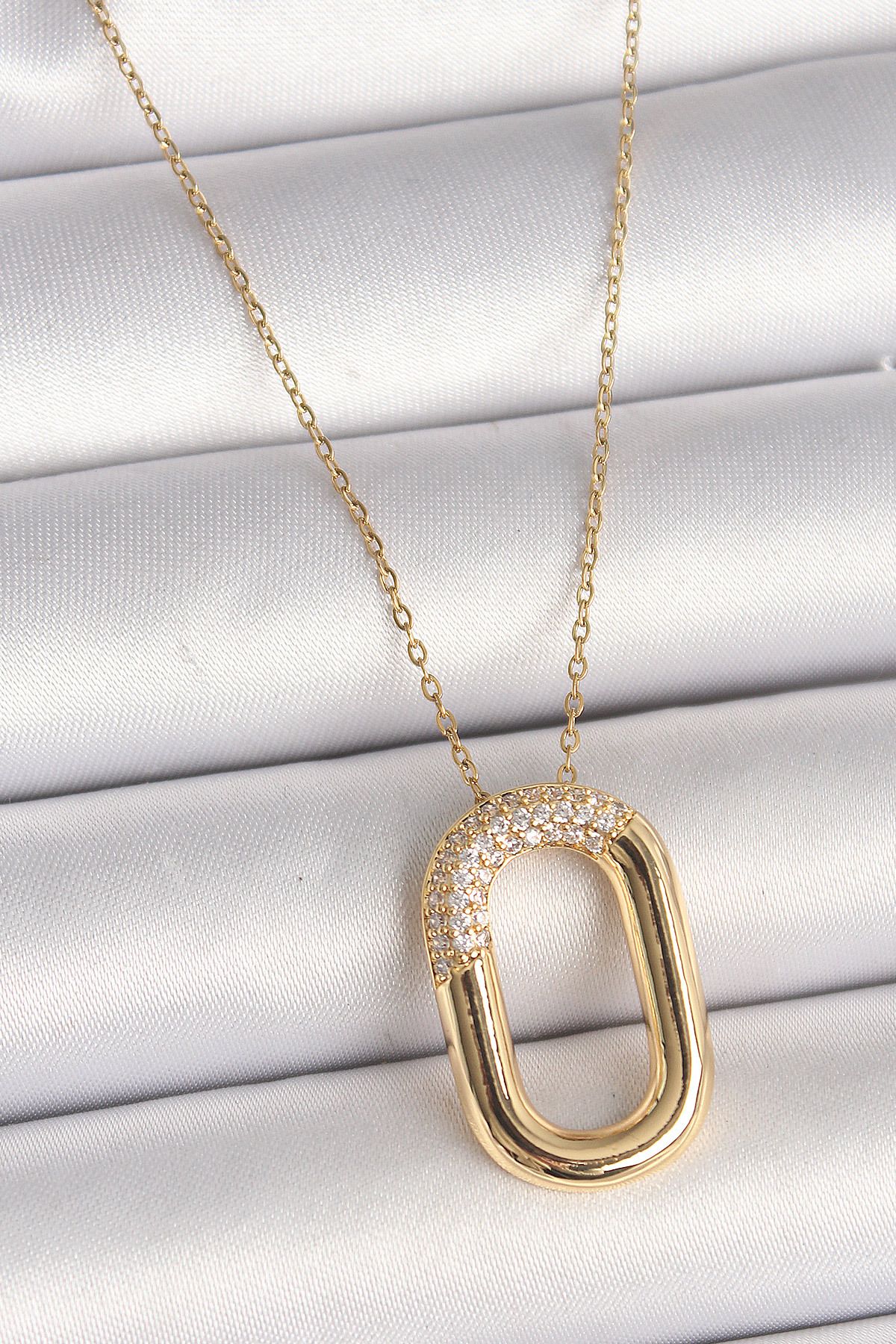BirdoluSepet 316L Çelik Gold Renk Zirkon Taşlı Oval Model Kadın Kolye