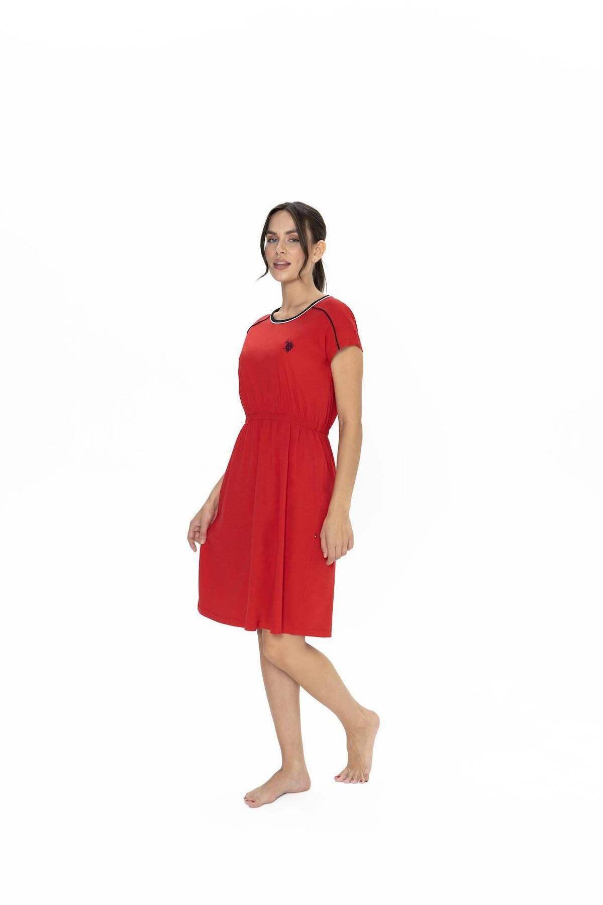 U.S. Polo Assn.-100% bumbac, gât rotund lat pentru femei, talie adunată, mânecă scurtă, cămașă de noapte midi 2