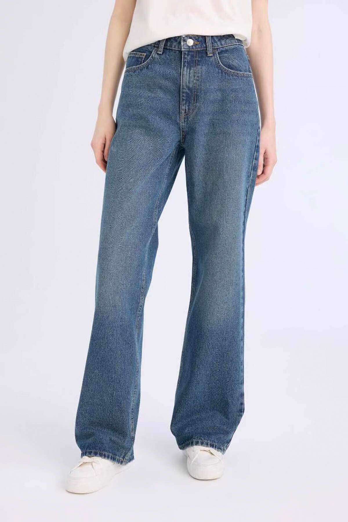 DeFacto Jeansy Z Wysokim Stanem I Szerokimi Nogawkami - Snow Wash Pants D7975ax25sp Kobieta - 46