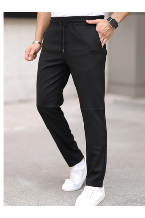 Genel Markalar Erkek Siyah Renk Beli Lastikli Bağcıklı Esnek Fitted Jogger Pa...