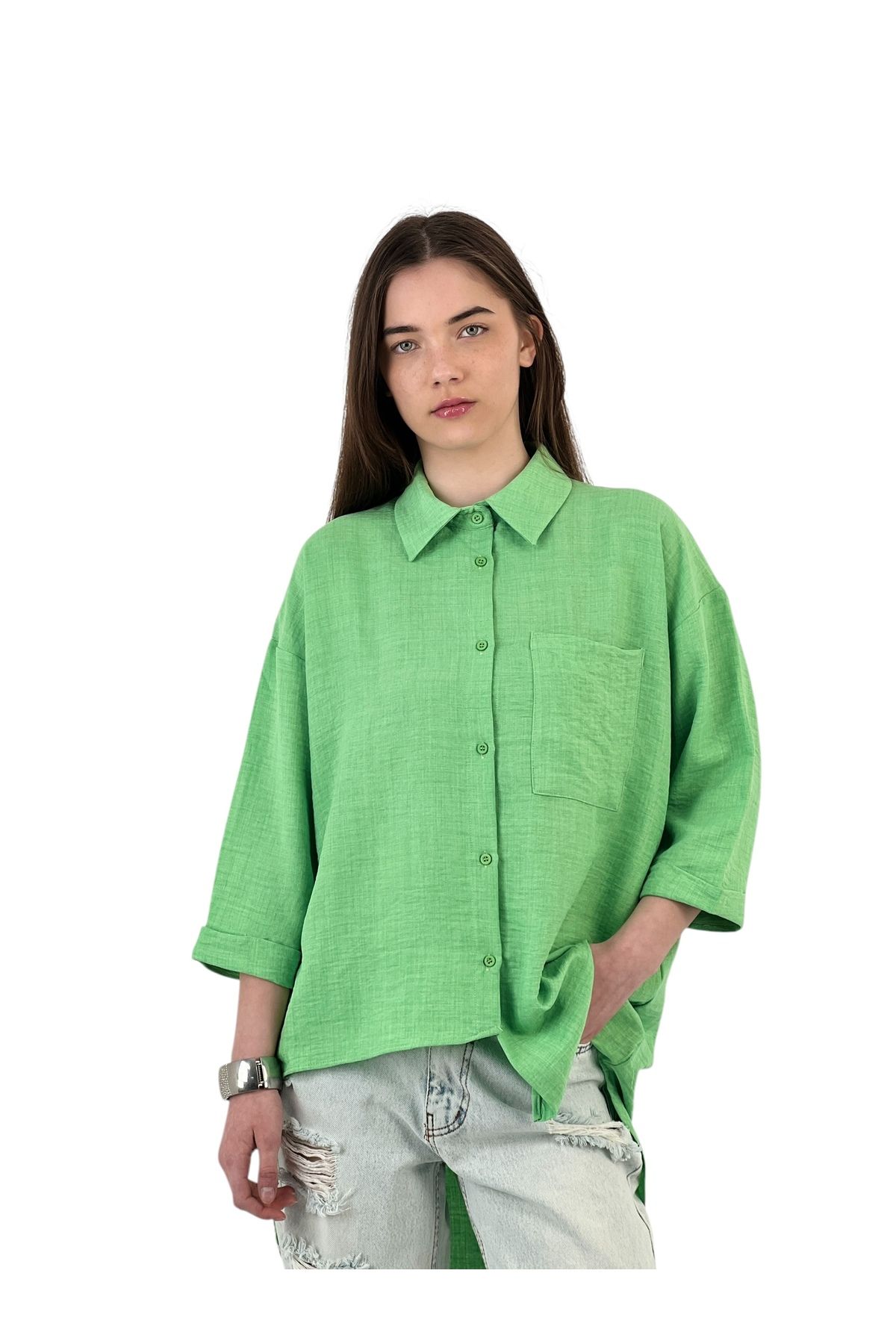 Miss Poem-Women's Comfortable Slim Loose Long Pocket Summer Thin Green Shirt 2