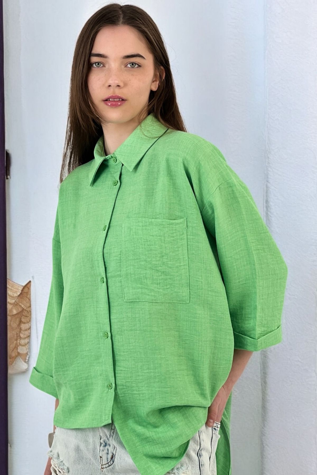 Miss Poem-Women's Comfortable Slim Loose Long Pocket Summer Thin Green Shirt 1