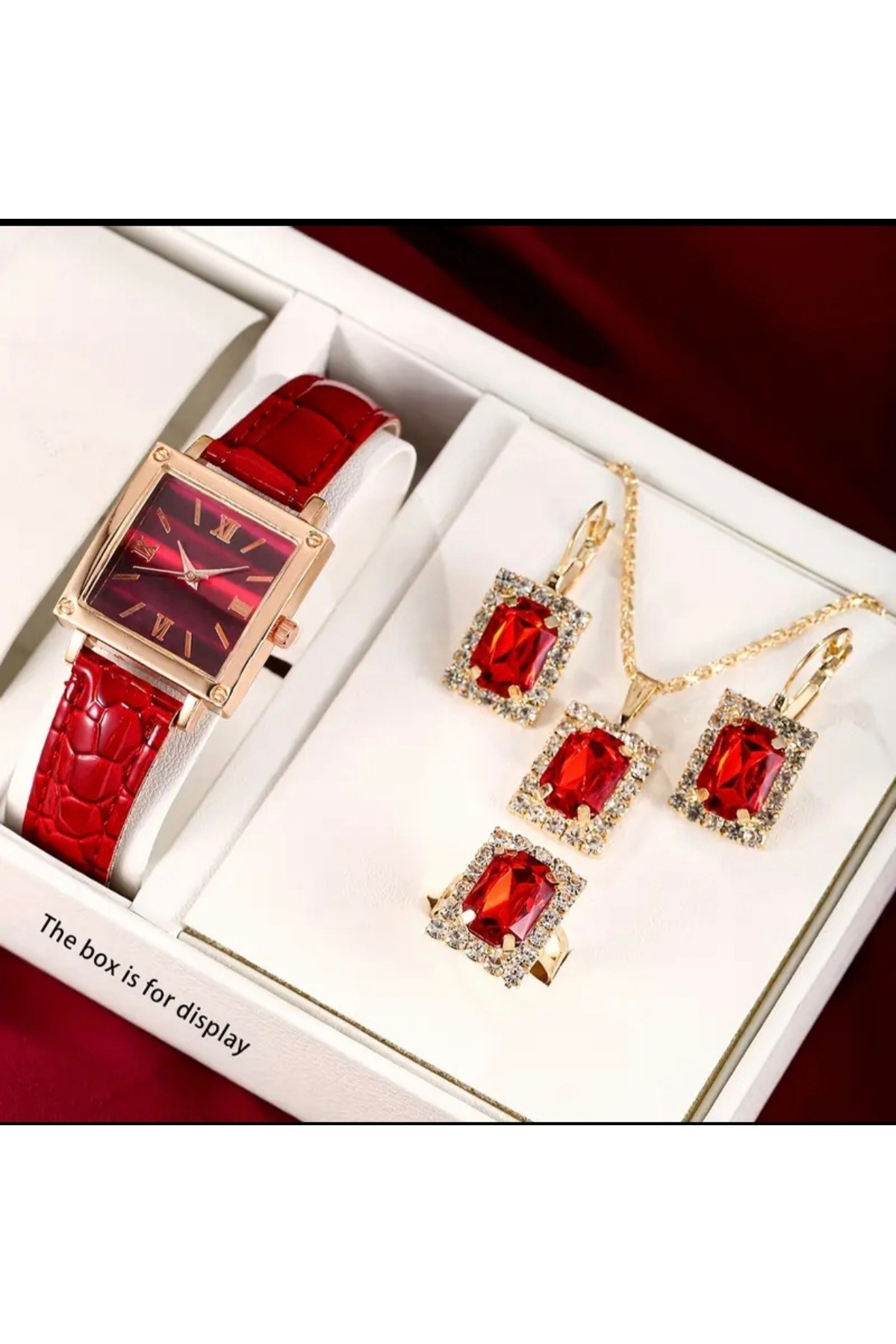 modares Kadın Vintage Kare Kuvars KIRMIZI Saat Analog ** Kolye+Küpe+Yüzük Takı Seti, 5 adet/takım