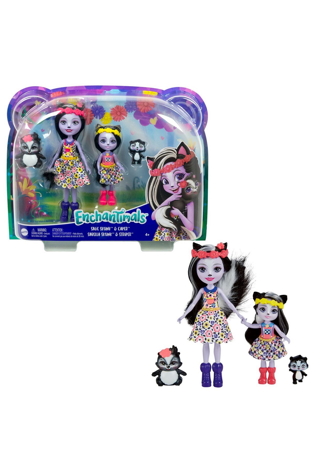 mattel-Enchantimals Sisters and Pets Doll Set Sage Skunk and Caper and Sabella Skunk and Striper 8