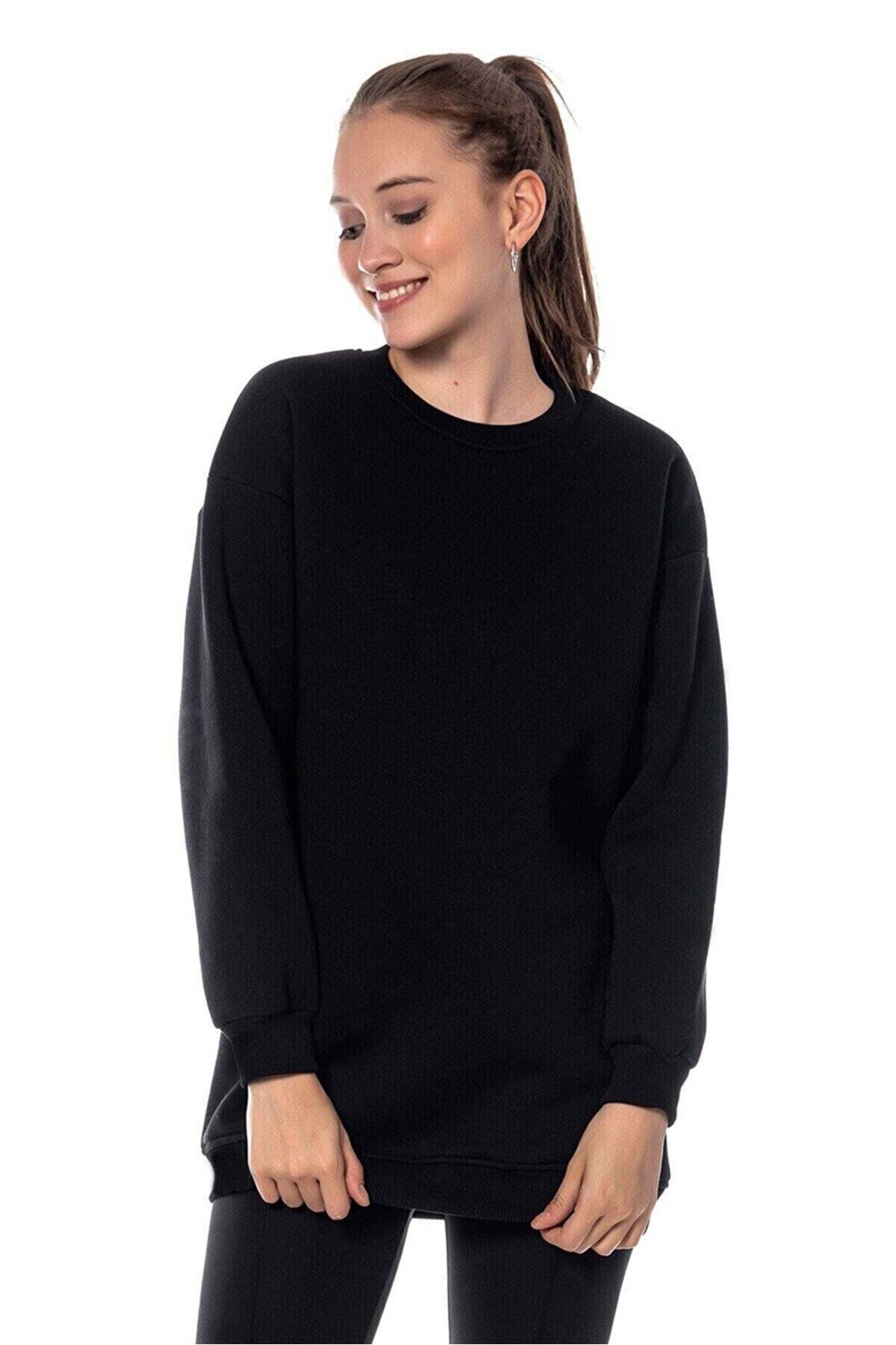 Angemiel Kadın Siyah Renk Uzun Kesim Basic Örme Sweatshirt 5070_2010