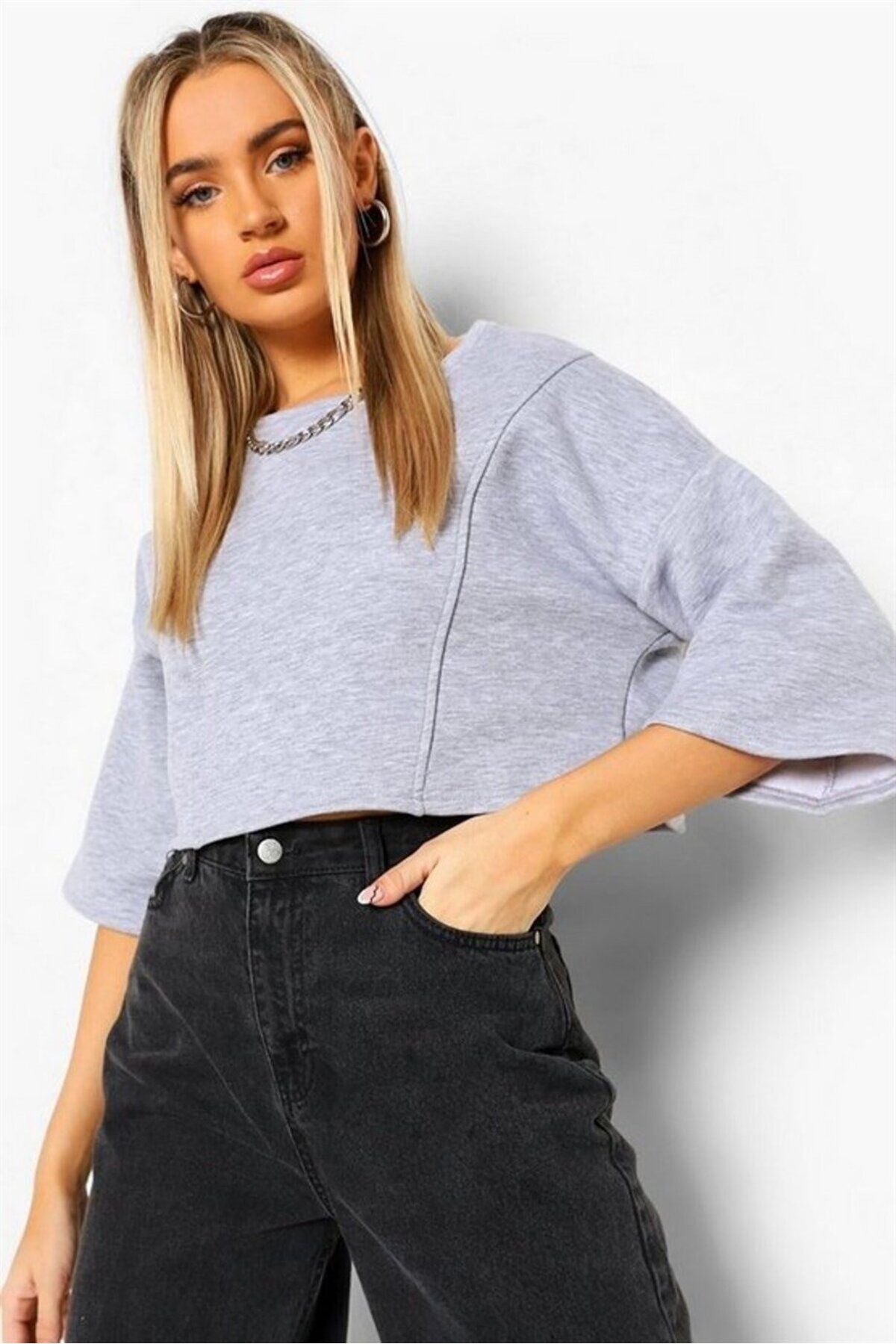 Angemiel Dikiş Detaylı Gri Kısa Crop Sweatshirt 5145_2010