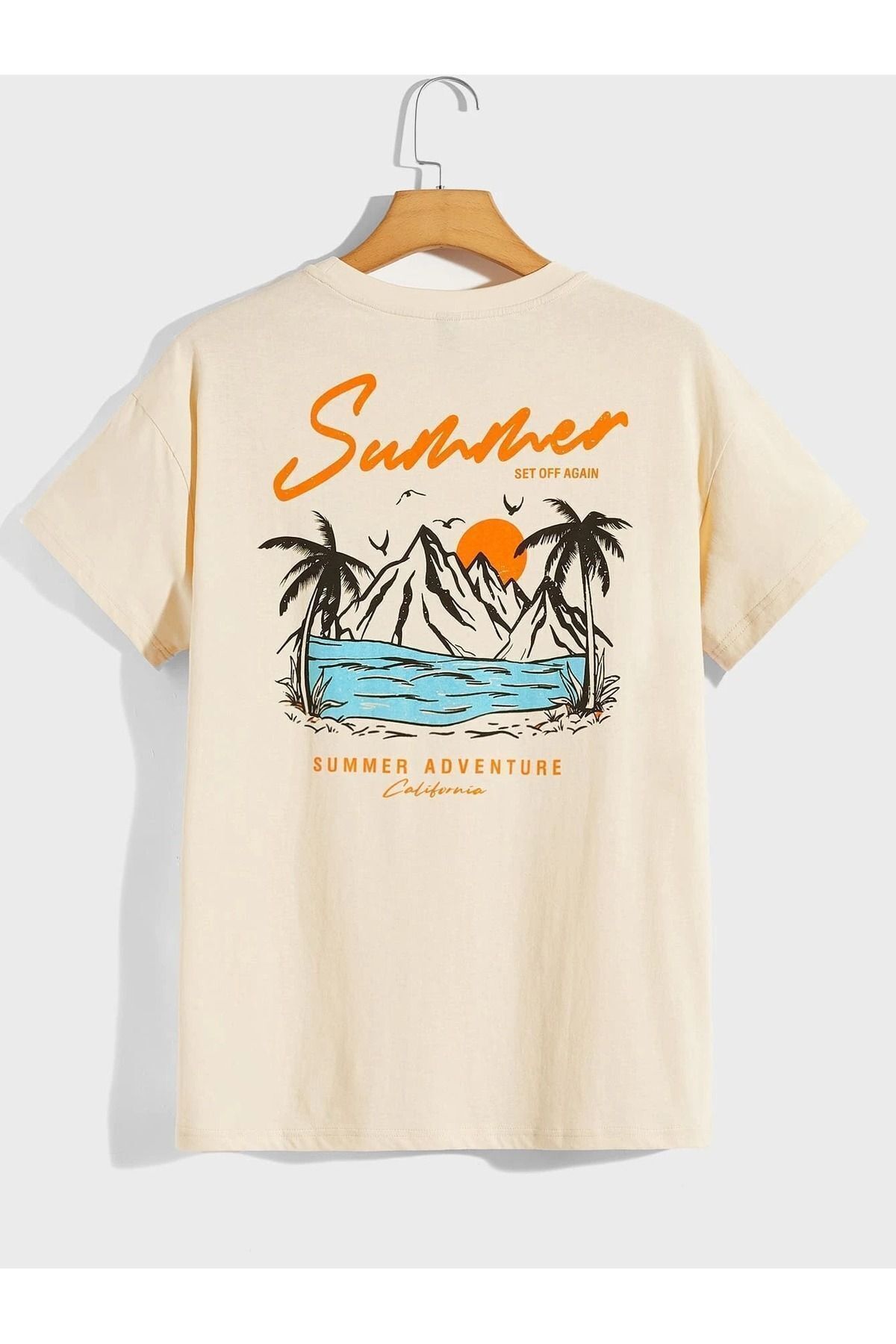 FoxSkin Sportswear&Company Summer Adventure Tişört - Bej Baskılı Oversize Yazlık Kısa Kol T-Shirt Bisiklet Yaka