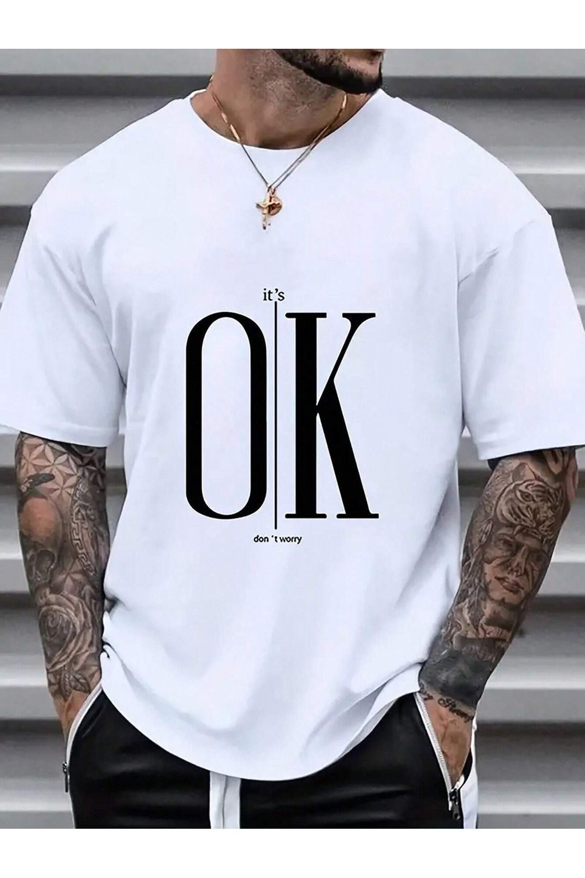FoxSkin Sportswear&Company Ok Dont Worry Tişört - Beyaz Baskılı Oversize Yazlık Kısa Kol T-Shirt Bisiklet Yaka