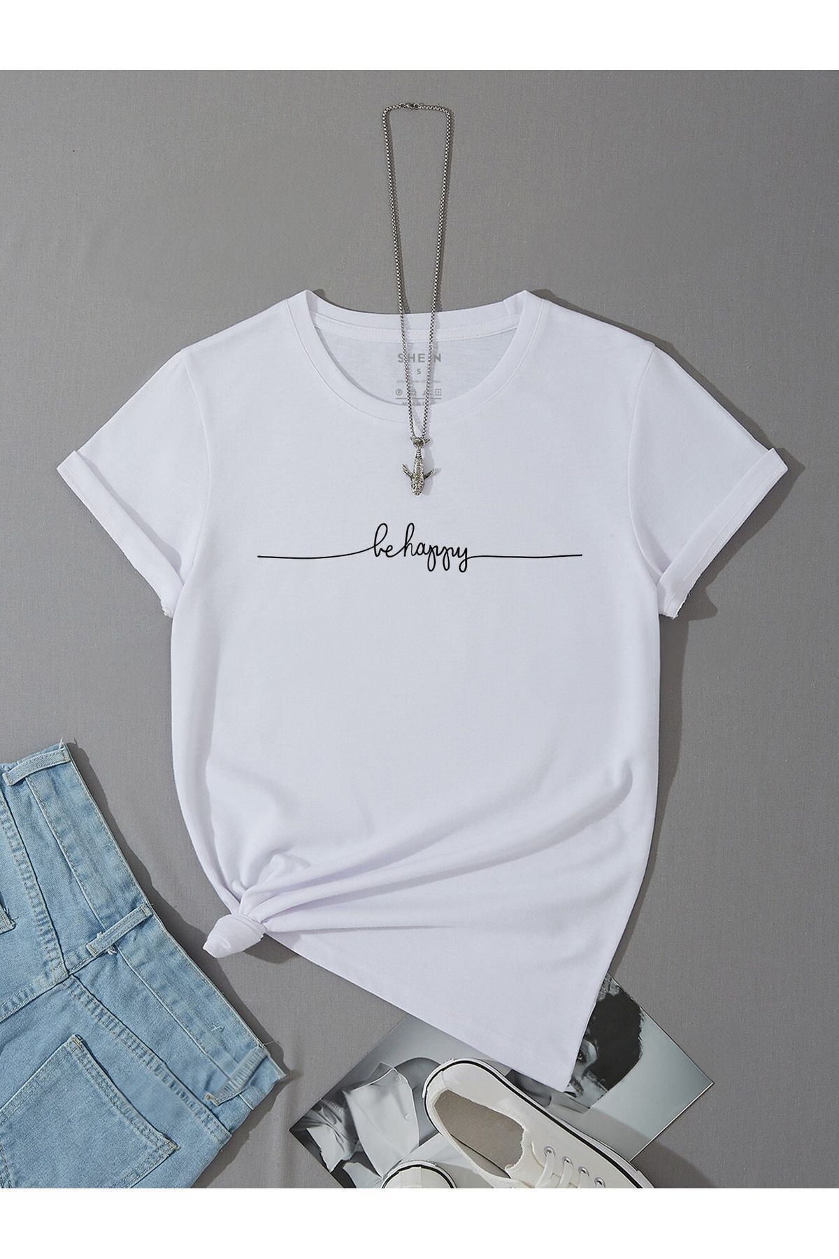 FoxSkin Sportswear&Company Be Happy Tişört - Beyaz Baskılı Oversize Yazlık Kısa Kol T-Shirt Bisiklet Yaka