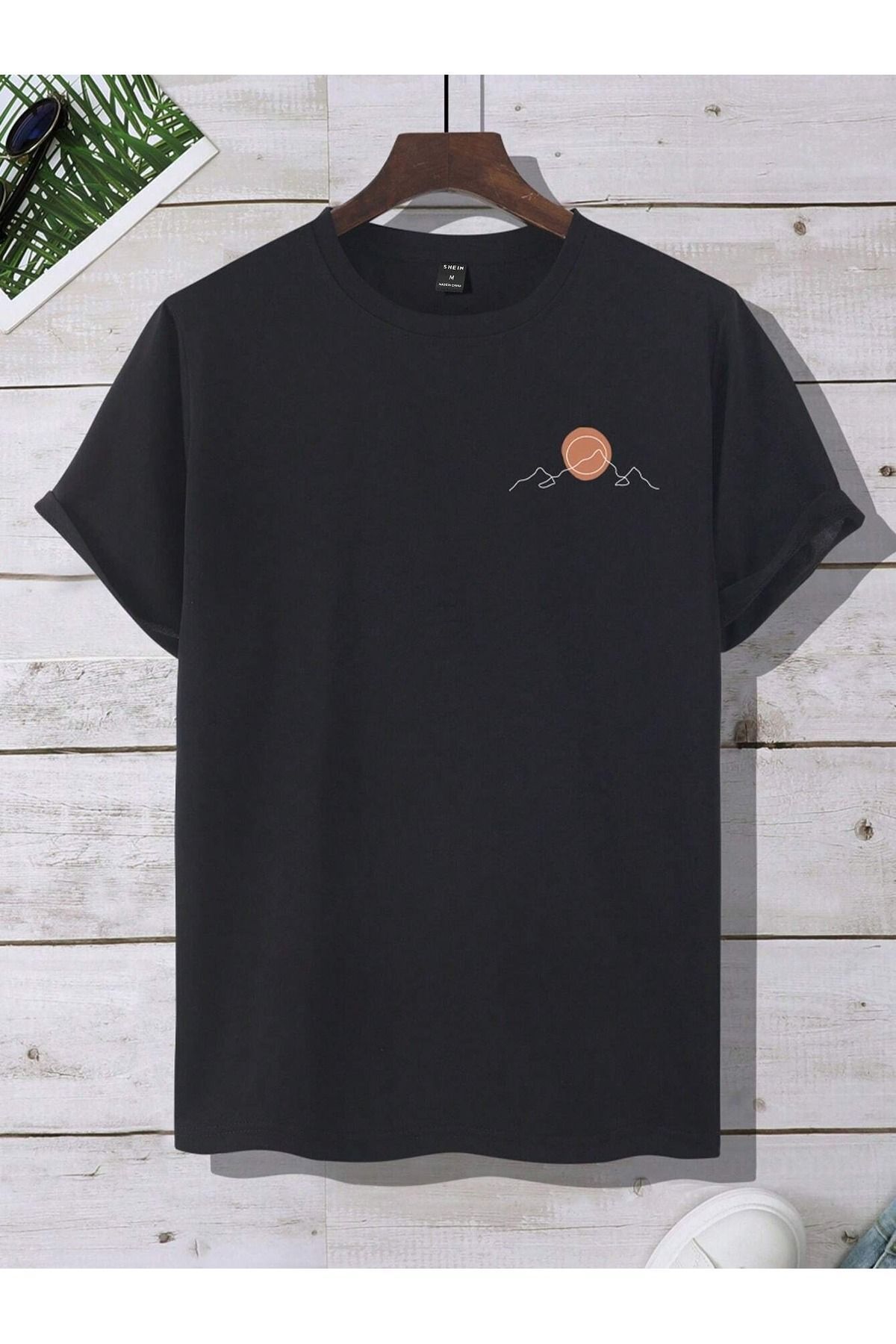 FoxSkin Sportswear&Company Mountain Sun Minimal Tişört - Siyah Baskılı Oversize Yazlık Kısa Kol T-Shirt Bisiklet Yaka