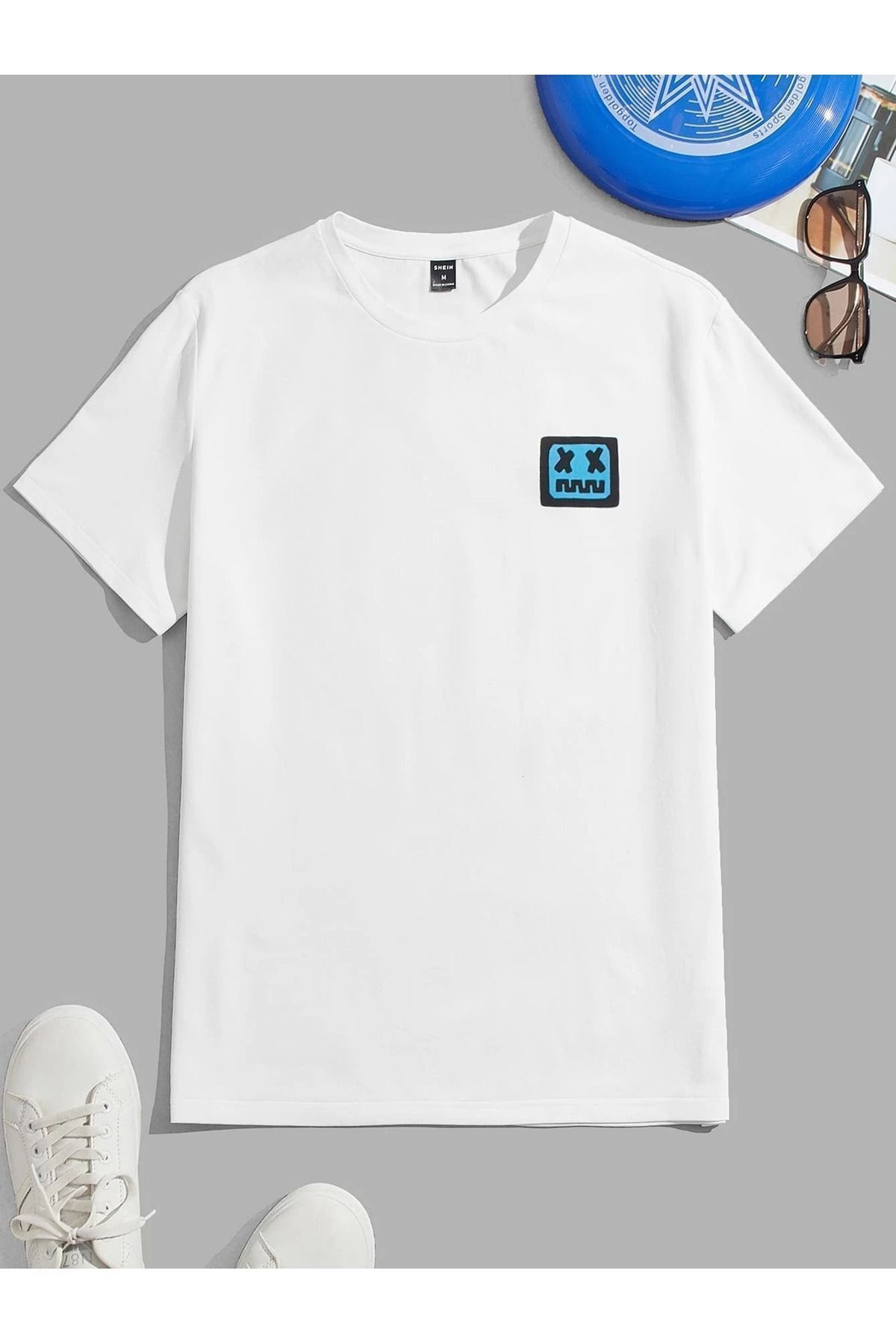 FoxSkin Sportswear&Company Kutu Logo Tişört - Beyaz Baskılı Oversize Yazlık Kısa Kol T-Shirt Bisiklet Yaka