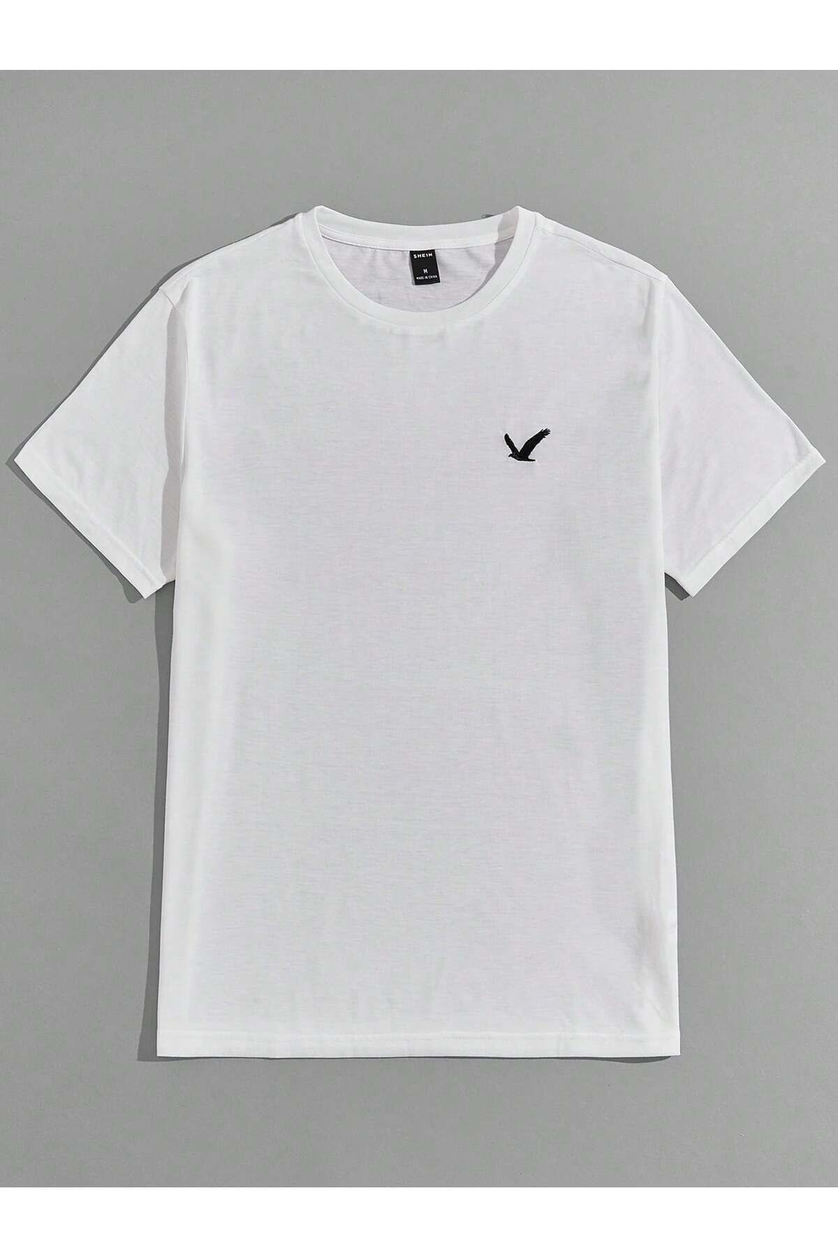 FoxSkin Sportswear&Company Uçan Kuş Logo Tişört - Beyaz Baskılı Oversize Yazlık Kısa Kol T-Shirt Bisiklet Yaka