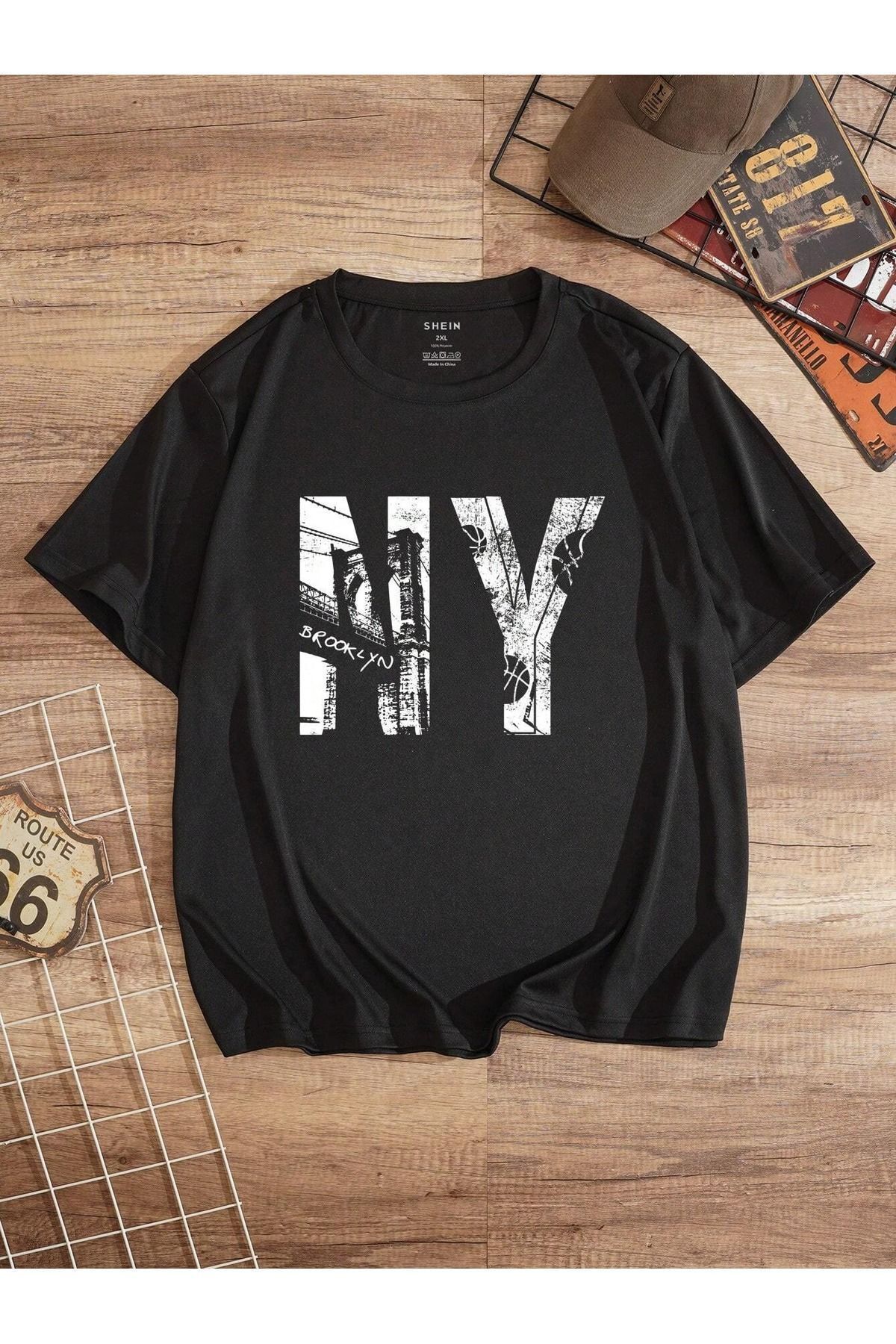 FoxSkin Sportswear&Company Ny Resim Tişört - Siyah Baskılı Oversize Yazlık Kısa Kol T-Shirt Bisiklet Yaka