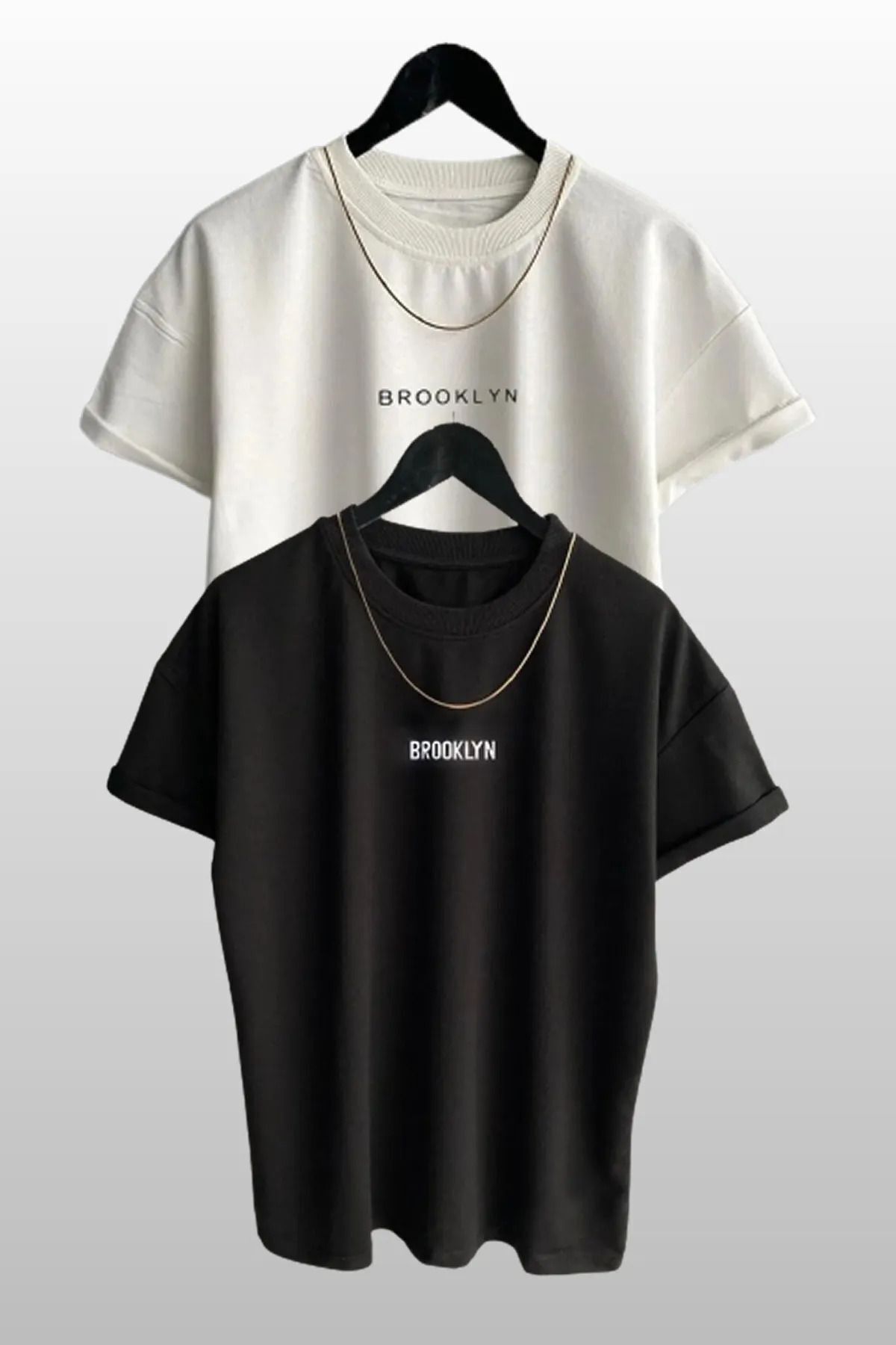 FoxSkin Sportswear&Company 2'li Brooklyn Tişört - Beyaz Siyah Baskılı Oversize Yazlık T-Shirt Bisiklet Yaka