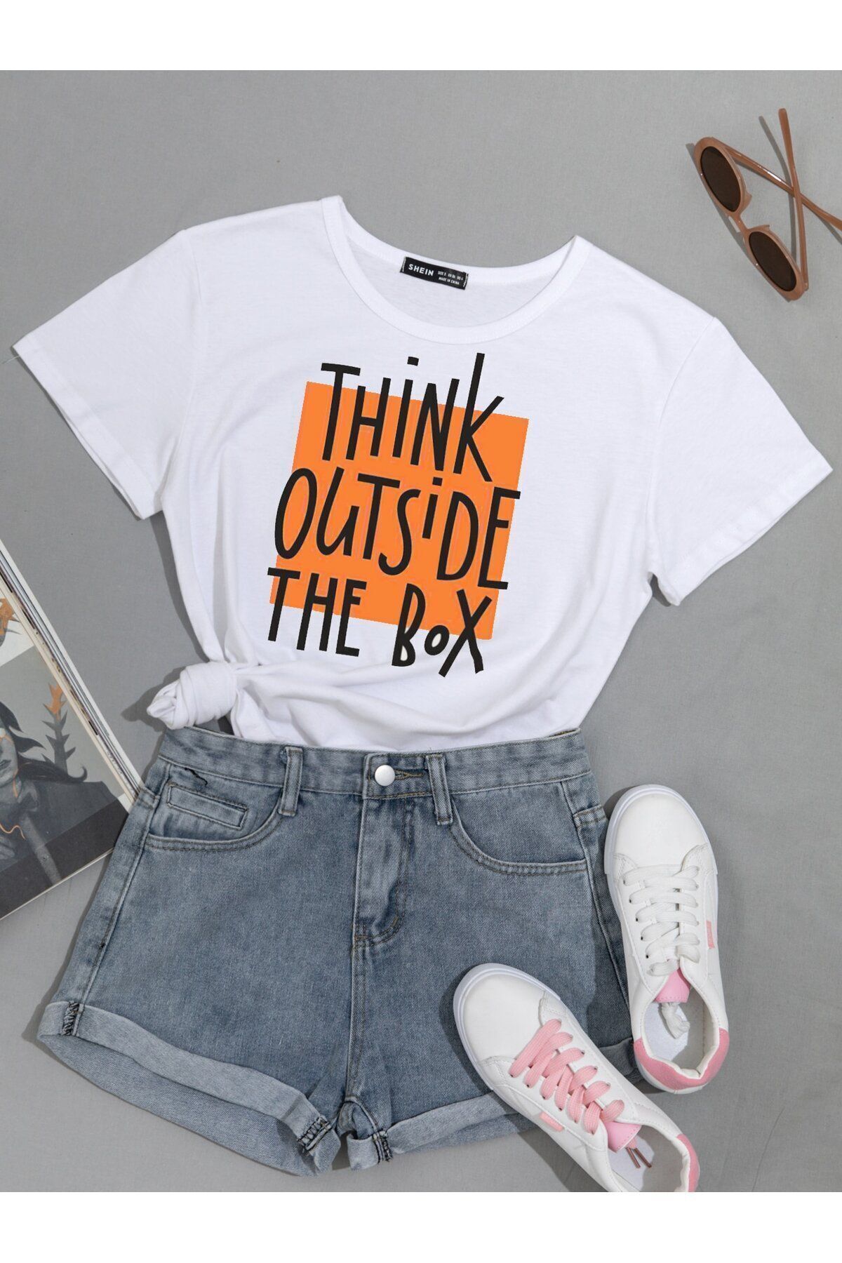 FoxSkin Sportswear&Company Think Outside Tişört - Beyaz Baskılı Oversize Yazlık Kısa Kol T-Shirt Bisiklet Yaka