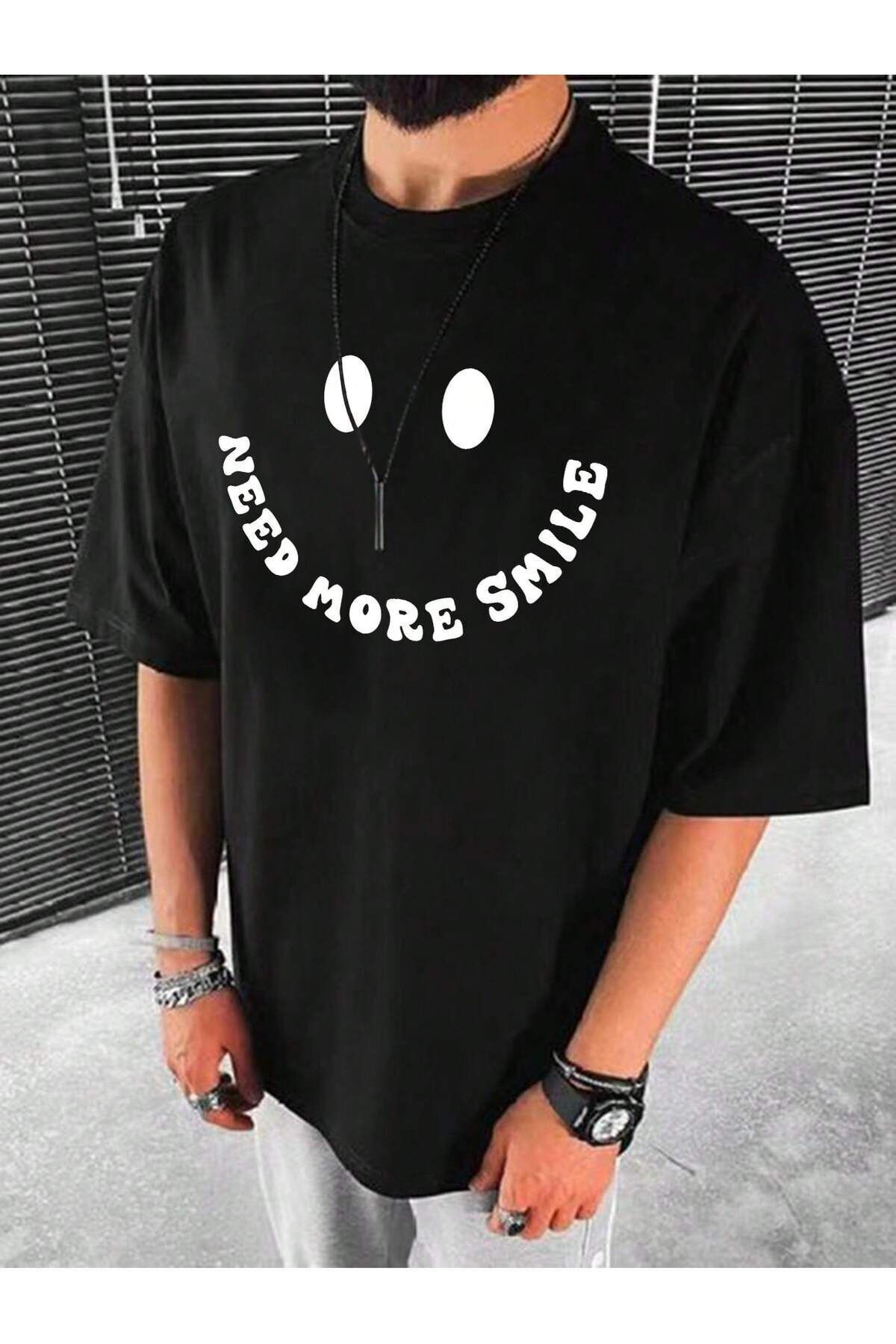 FoxSkin Sportswear&Company Need More Smile Tişört - Siyah Baskılı Oversize Yazlık Kısa Kol T-Shirt Bisiklet Yaka