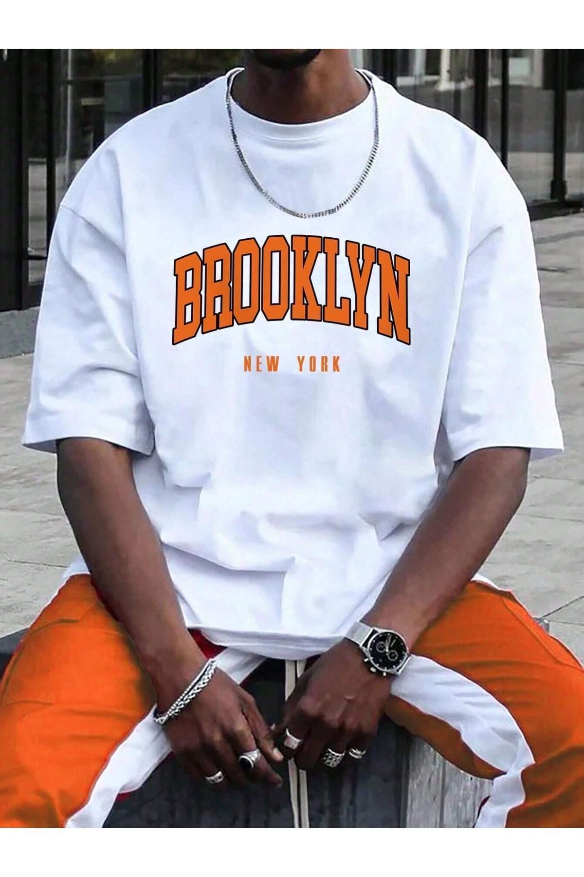 FoxSkin Sportswear&Company Brooklyn New York Turuncu Tişört - Beyaz Baskılı Oversize Yazlık Kısa Kol T-Shirt Bisiklet Yaka