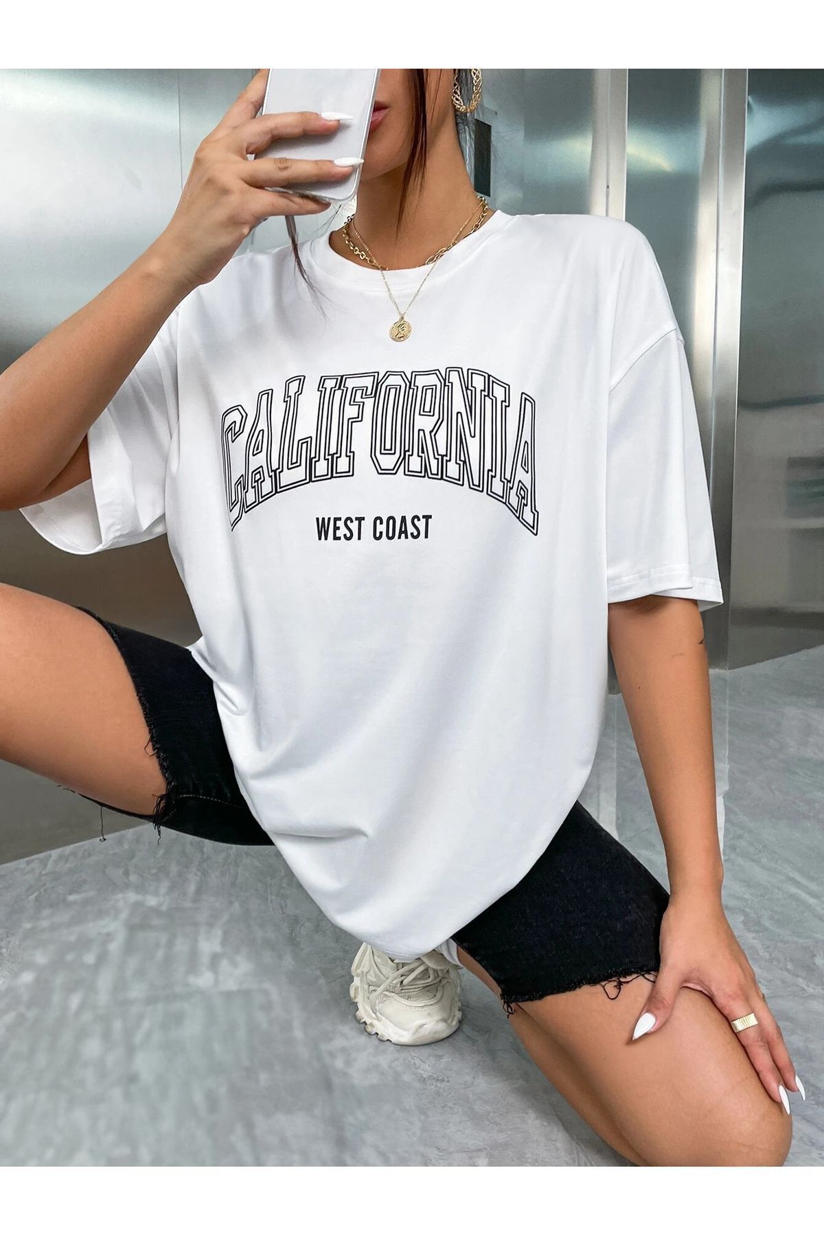 FoxSkin Sportswear&Company California West Coast Tişört - Beyaz Baskılı Oversize Yazlık Kısa Kol T-Shirt Bisiklet Yaka