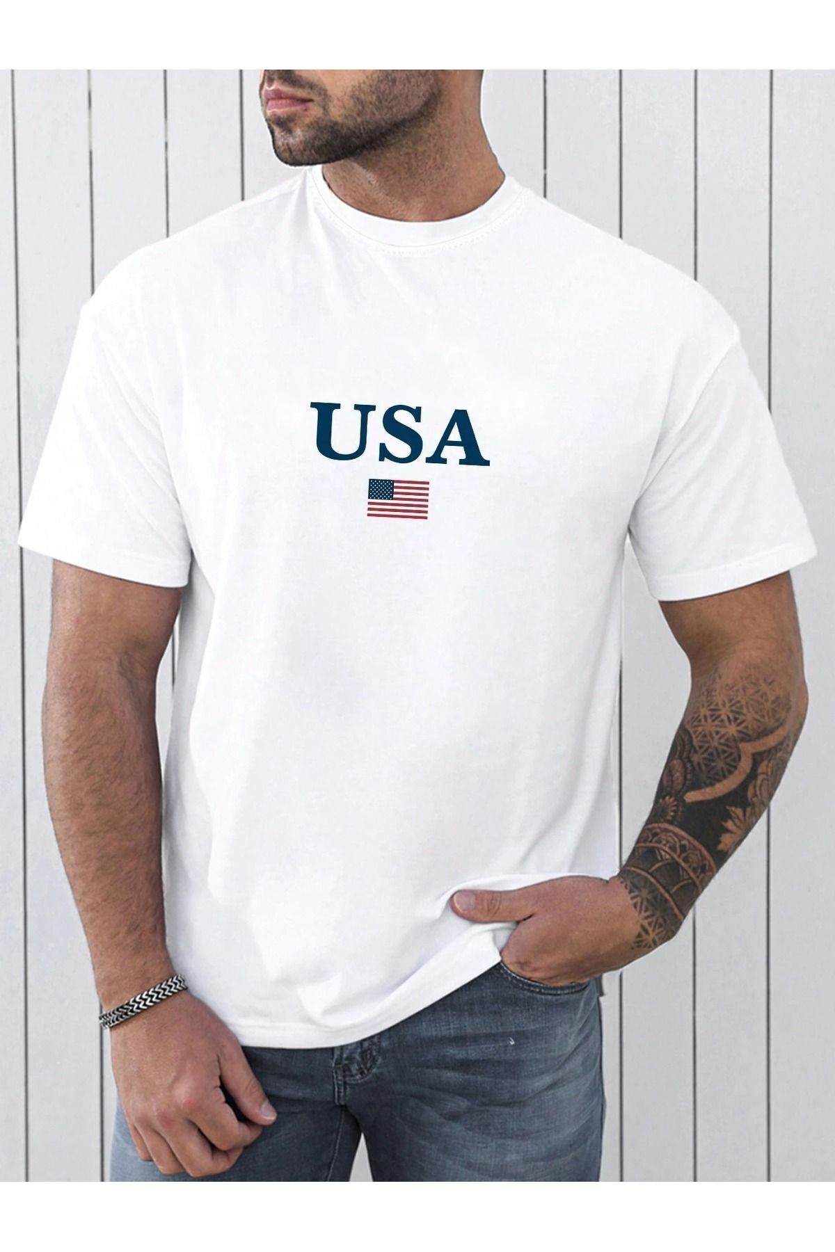 FoxSkin Sportswear&Company Usa Bayrak Tişört - Beyaz Baskılı Oversize Yazlık Kısa Kol T-Shirt Bisiklet Yaka