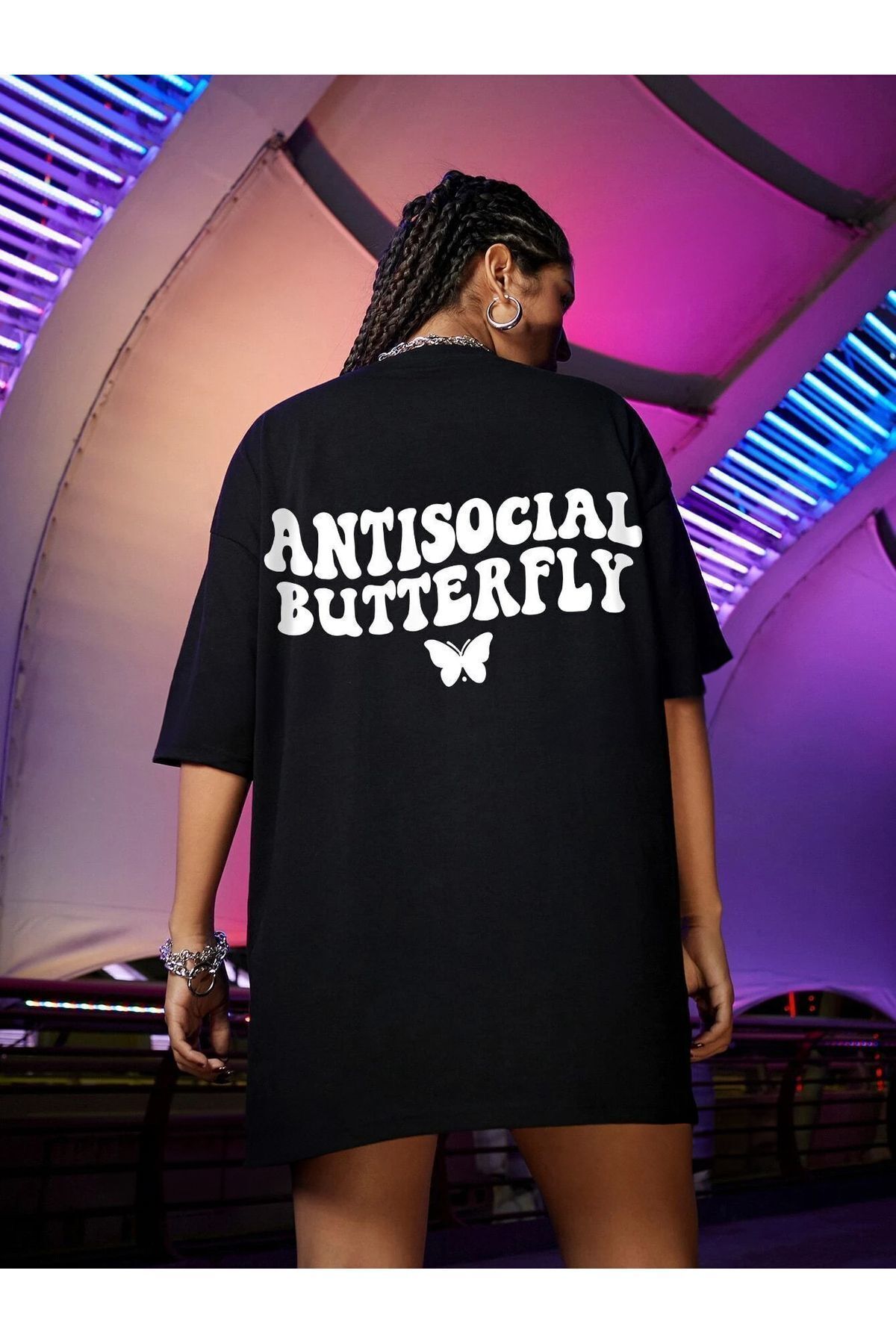 FoxSkin Sportswear&Company Antisocial Butterfly Tişört - Siyah Baskılı Oversize Yazlık Kısa Kol T-Shirt Bisiklet Yaka