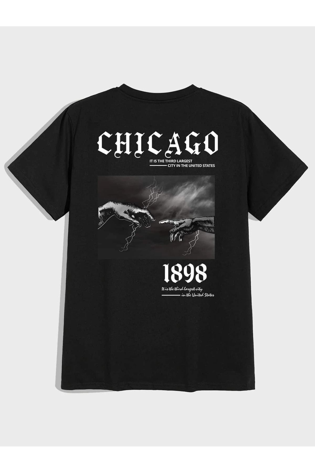 FoxSkin Sportswear&Company Chicago 1898 Hands Tişört - Siyah Baskılı Oversize Yazlık Kısa Kol T-Shirt Bisiklet Yaka