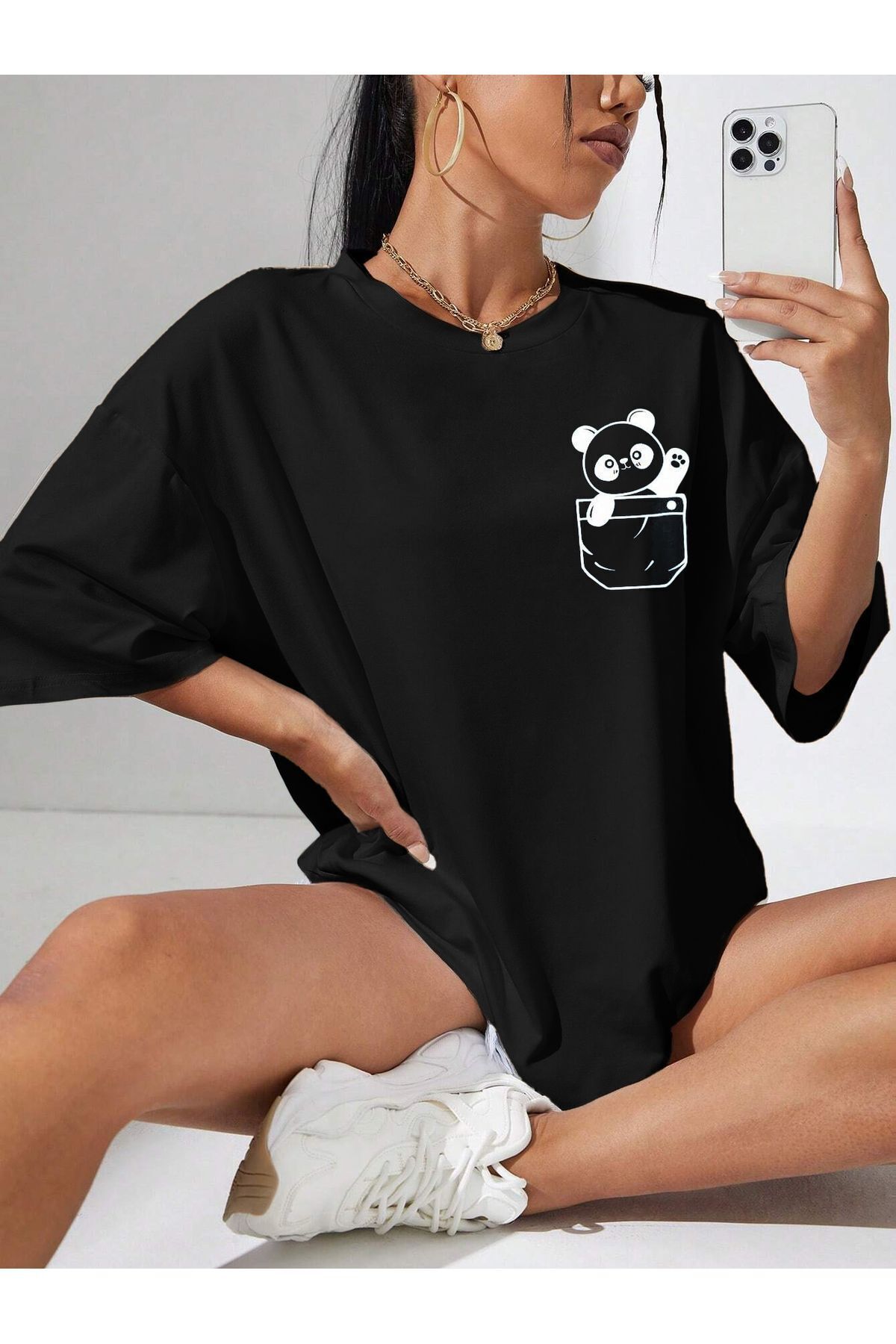 FoxSkin Sportswear&Company Panda Cep Tasarım Tişört - Siyah Baskılı Oversize Yazlık Kısa Kol T-Shirt Bisiklet Yaka