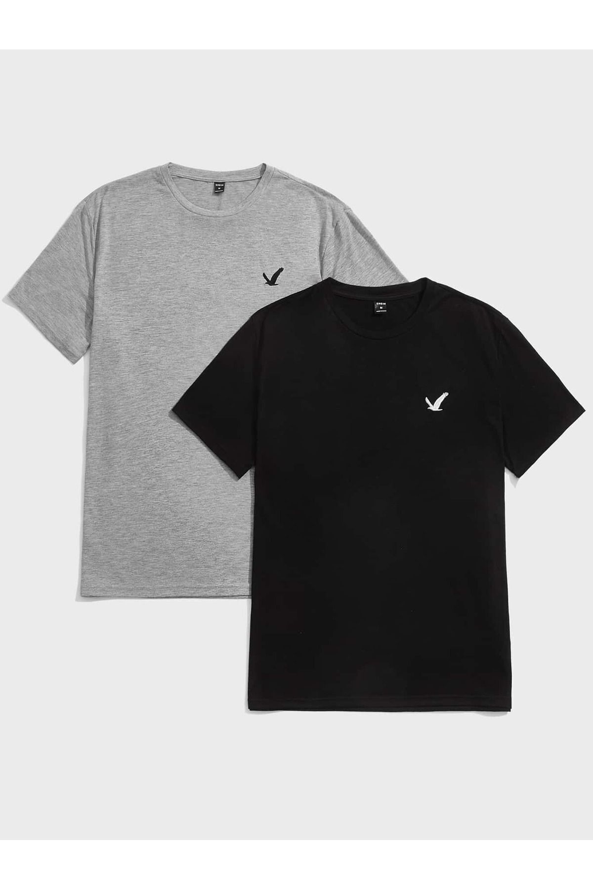 FoxSkin Sportswear&Company 2'li Uçan Kuş Logo Tişört - Gri Siyah Baskılı Oversize Yazlık Kısa Kol T-Shirt Bisiklet Yaka