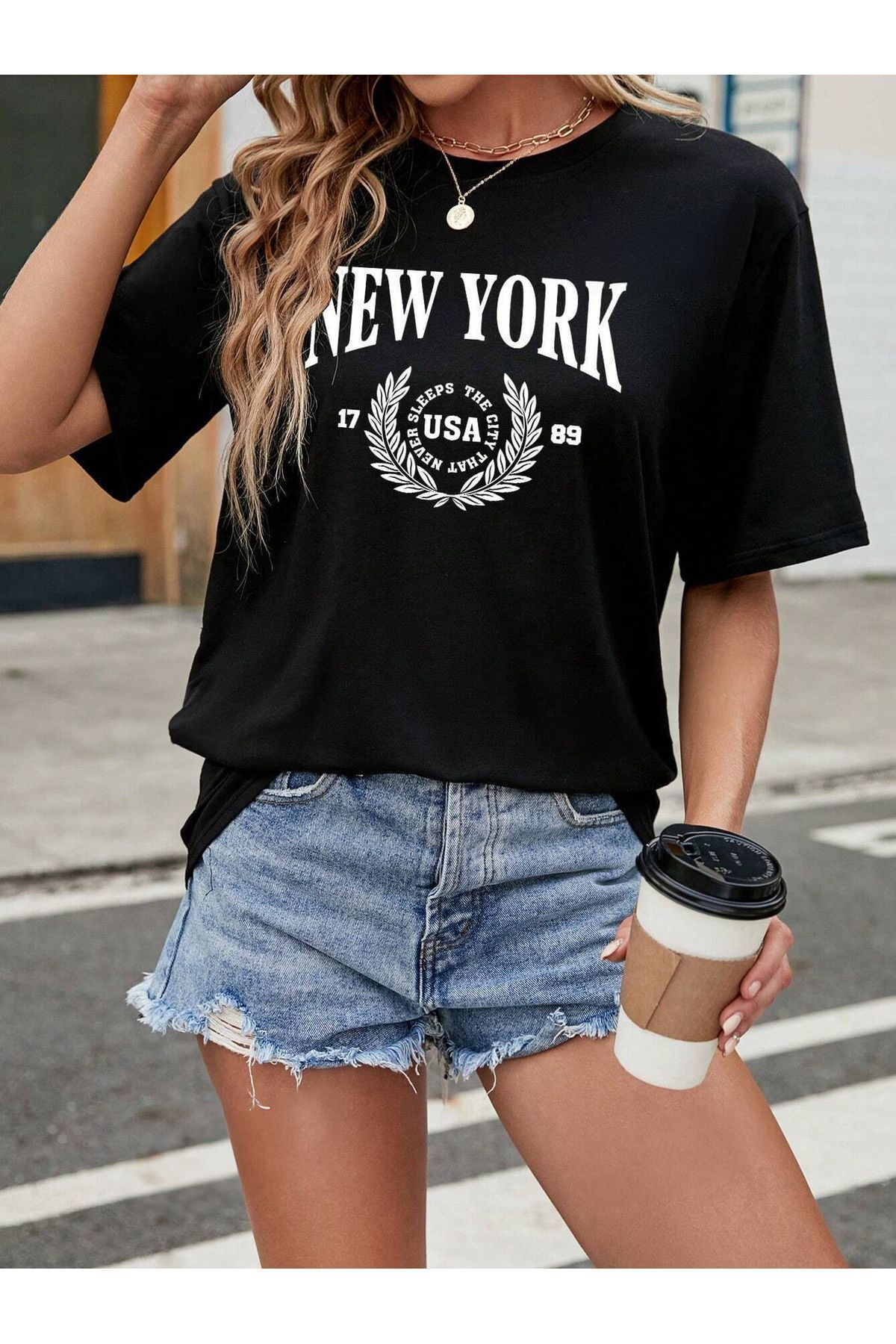 FoxSkin Sportswear&Company New York 1789 Tişört - Siyah Baskılı Oversize Yazlık Kısa Kol T-Shirt Bisiklet Yaka