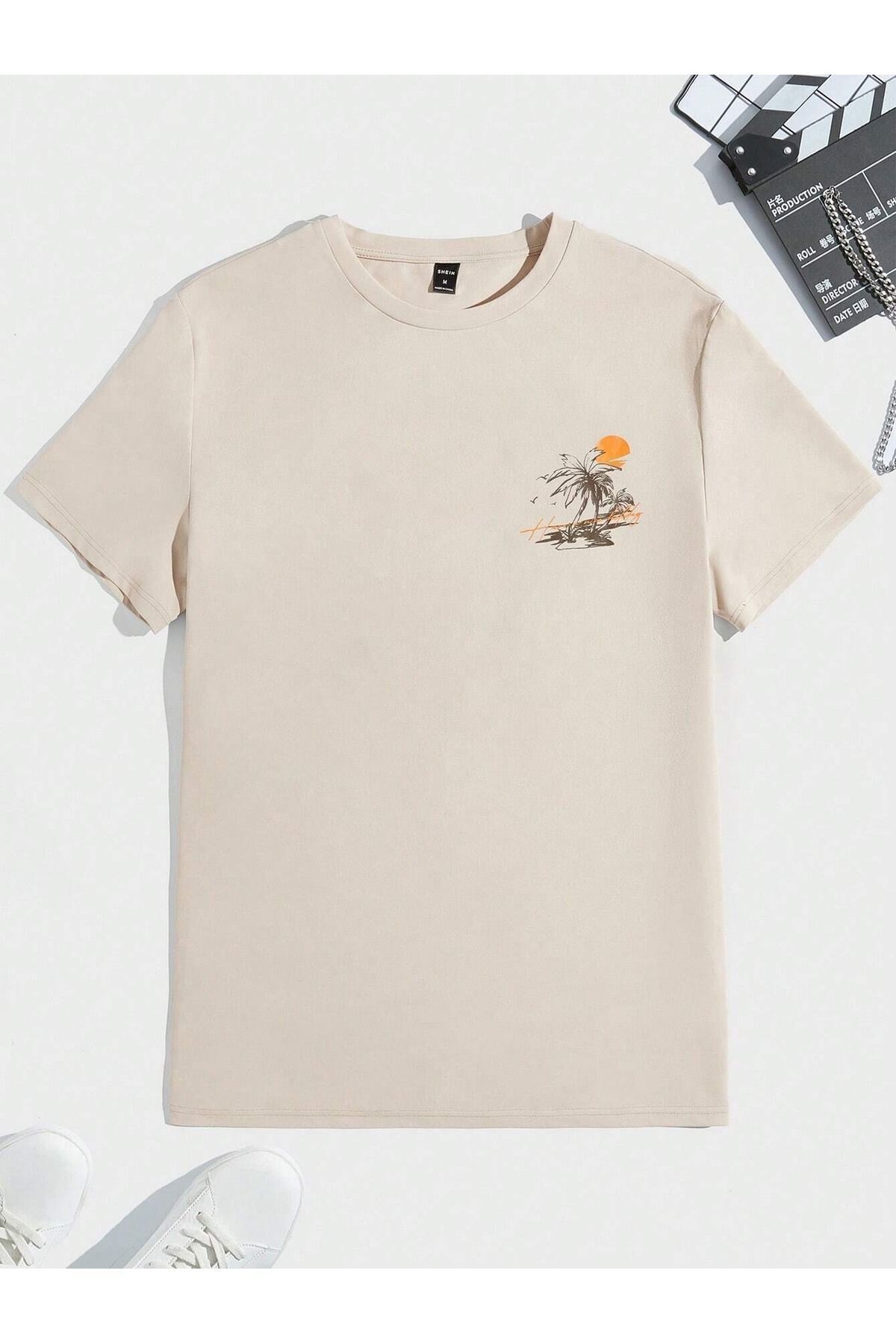 FoxSkin Sportswear&Company Palmiye Güneş Logo Tişört - Bej Baskılı Oversize Yazlık Kısa Kol T-Shirt Bisiklet Yaka