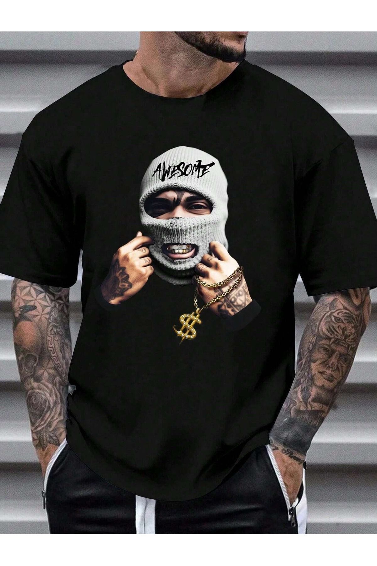 FoxSkin Sportswear&Company Awsome Mask Tişört - Siyah Baskılı Oversize Yazlık Kısa Kol T-Shirt Bisiklet Yaka