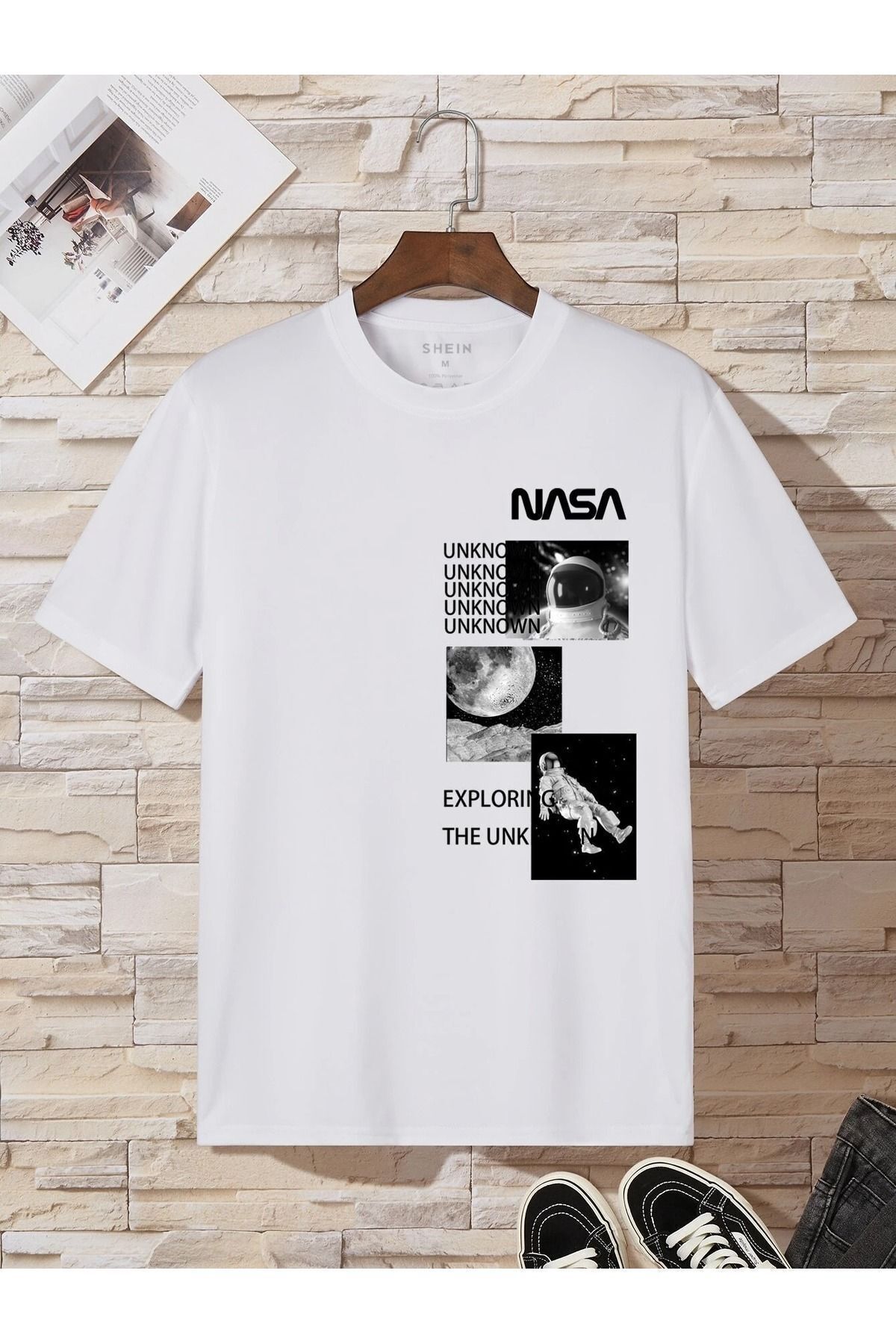 FoxSkin Sportswear&Company Nasa Exploring Tişört - Beyaz Baskılı Oversize Yazlık Kısa Kol T-Shirt Bisiklet Yaka