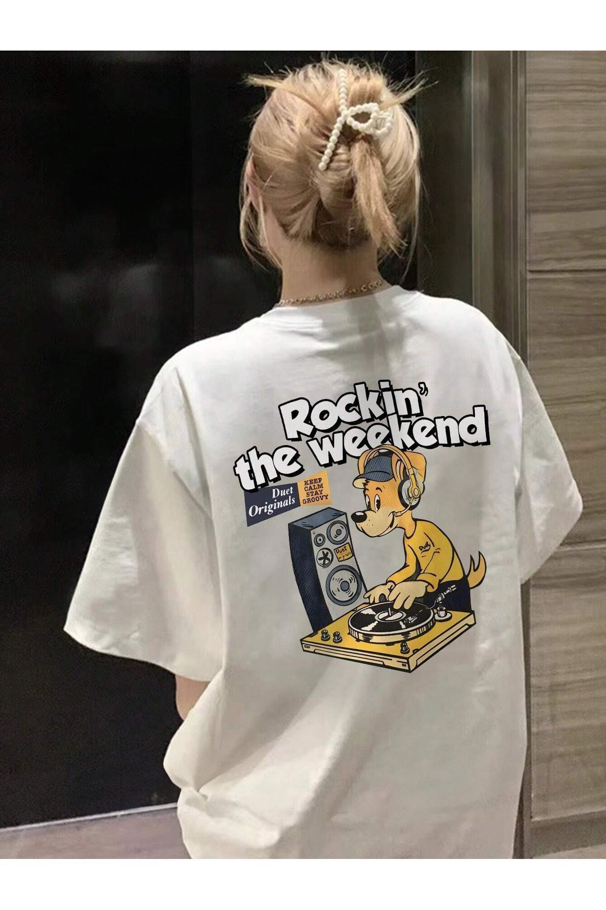 FoxSkin Sportswear&Company Rockin Weekend Tişört - Beyaz Baskılı Oversize Yazlık Kısa Kol T-Shirt Bisiklet Yaka