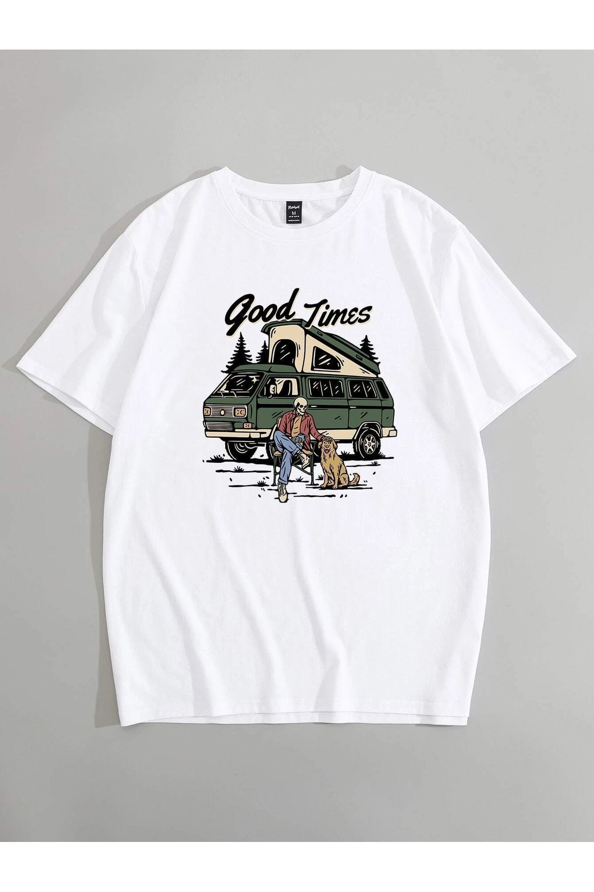 FoxSkin Sportswear&Company Good Times Tişört - Beyaz Baskılı Oversize Yazlık Kısa Kol T-Shirt Bisiklet Yaka