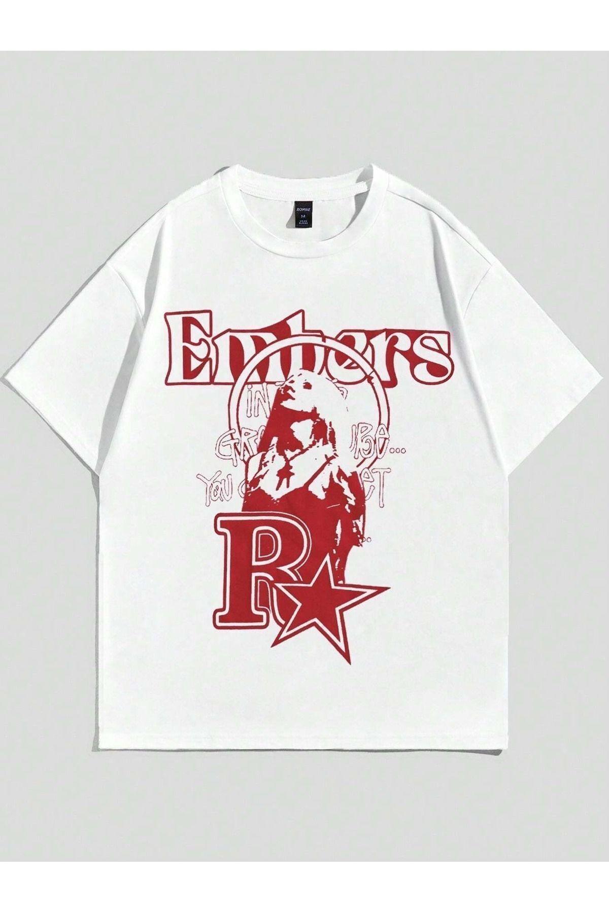 FoxSkin Sportswear&Company Embers Tişört - Beyaz Baskılı Oversize Yazlık Kısa Kol T-Shirt Bisiklet Yaka