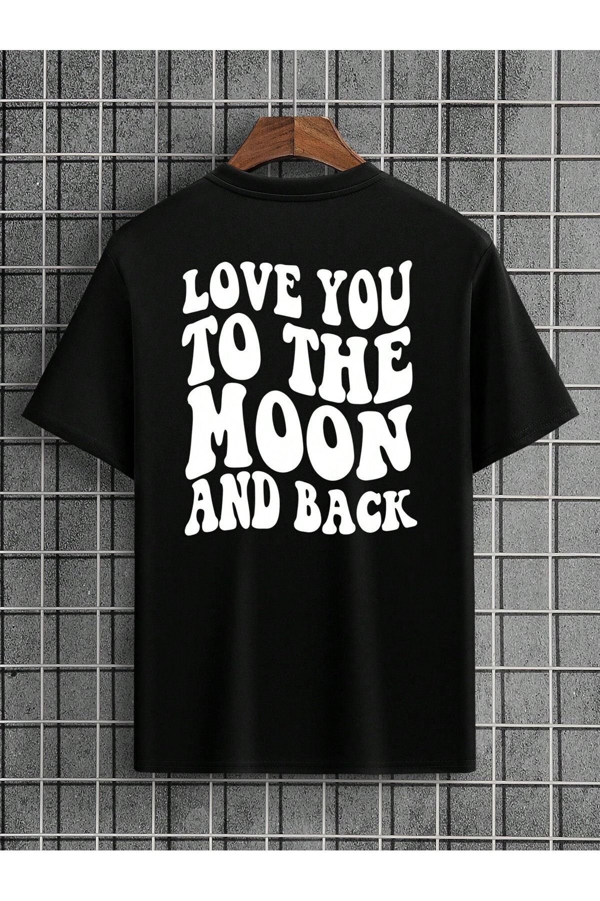 FoxSkin Sportswear&Company Love You Moon Tişört - Siyah Baskılı Oversize Yazlık Kısa Kol T-Shirt Bisiklet Yaka