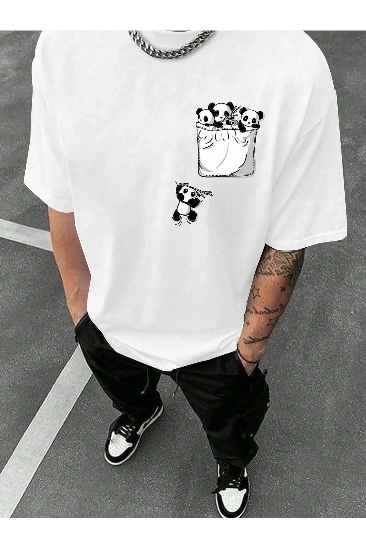 FoxSkin Sportswear&Company Cep Panda Tişört - Beyaz Baskılı Oversize Yazlık Kısa Kol T-Shirt Bisiklet Yaka