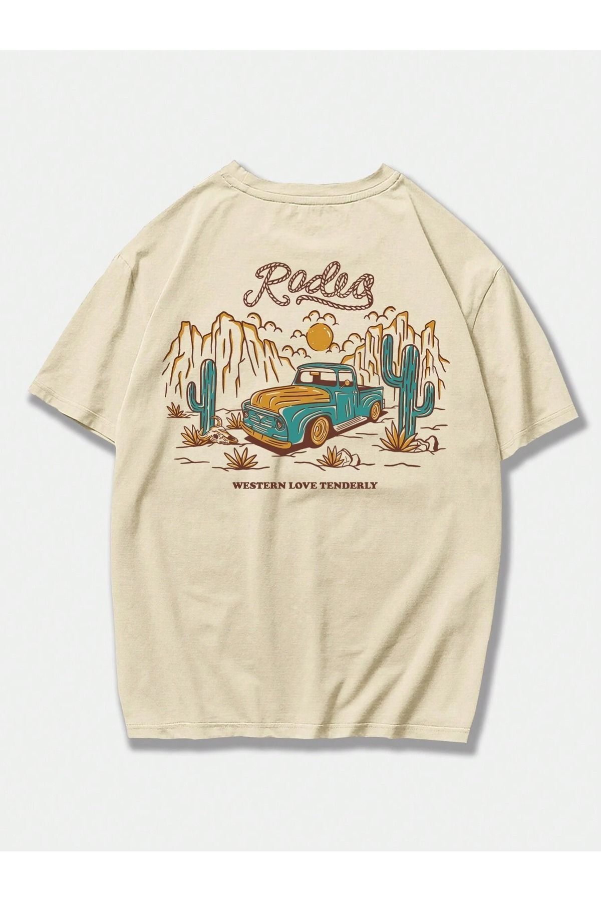 FoxSkin Sportswear&Company Rodeo Tişört - Bej Baskılı Oversize Yazlık Kısa Kol T-Shirt Bisiklet Yaka