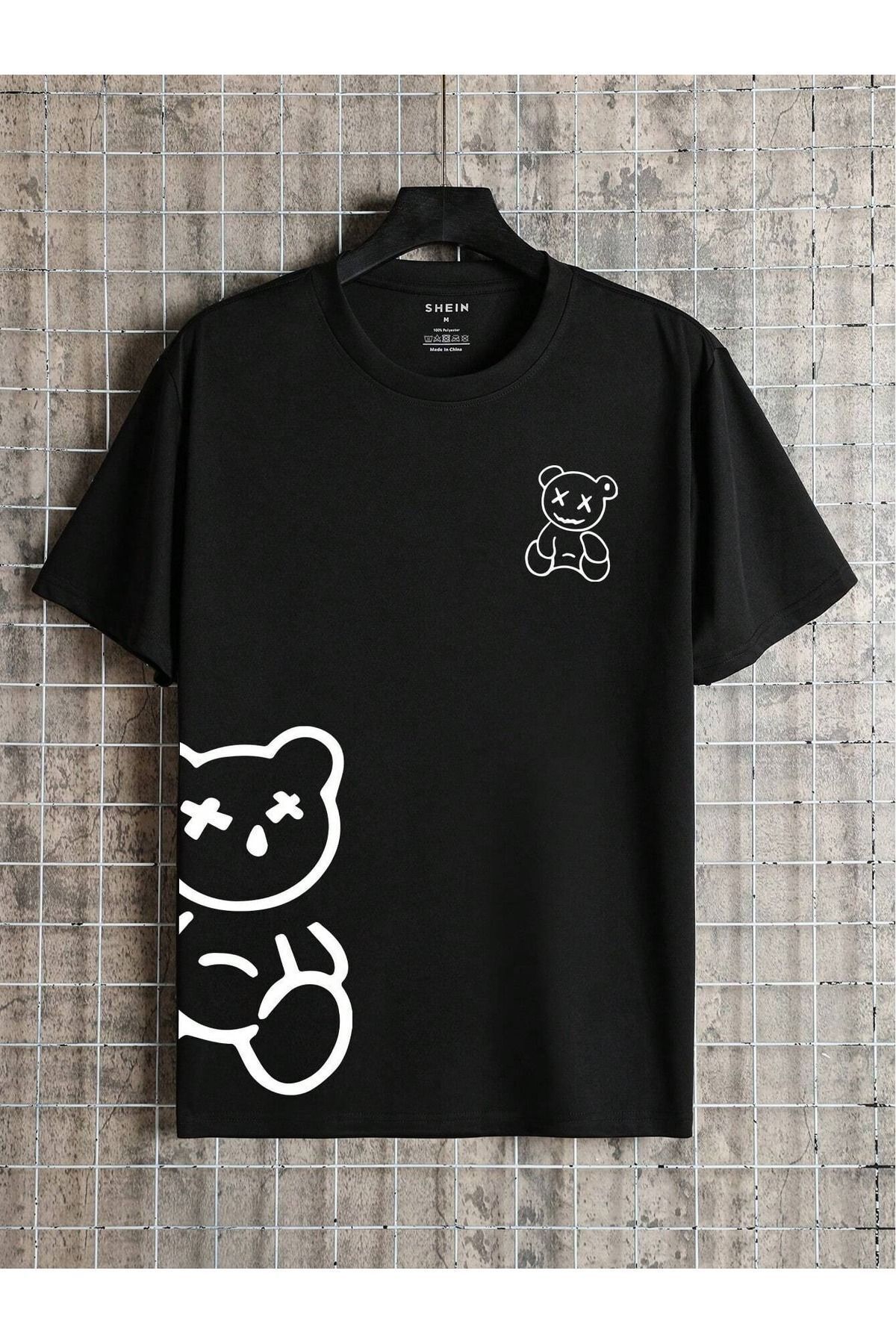 FoxSkin Sportswear&Company Ayıcık Tişört - Siyah Baskılı Oversize Yazlık Kısa Kol T-Shirt Bisiklet Yaka